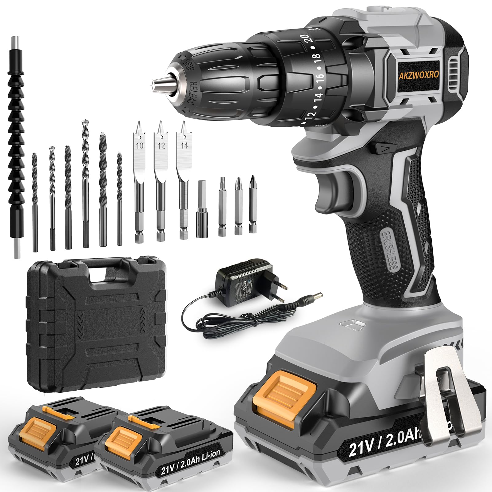 Шуруповерт AKZWOXRO Cordless Screwdriver 21 В, 2 батареї 2.0 А∙год, 45 Нм, 2 передачі, 20 + 3 рівні крутного моменту, патрон 10 мм, світлодіод, 14 аксесуарів, сірий, фото №1