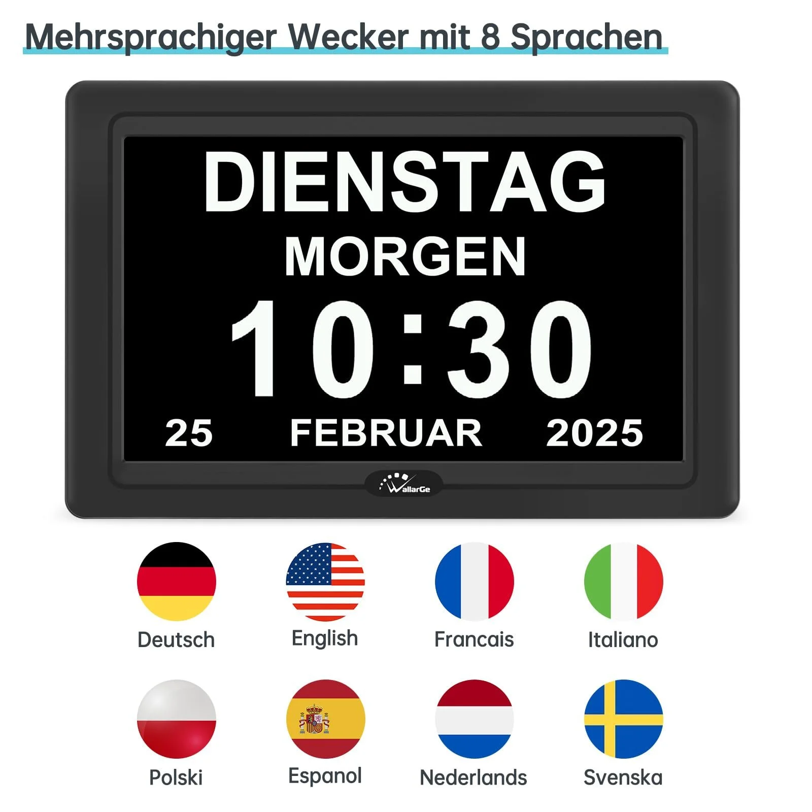 Цифровые часы WallarGe для людей с деменцией, большой дисплей, электронные, календарь с датой и днем недели, 20 напоминаний, 3 мелодии звонка, 10 уровней громкости, автоматический переход на летнее время (7 дюймов, черный), фото №6 Цифровые часы WallarGe для людей с деменцией, большой дисплей, электронные, календарь с датой и днем недели, 20 напоминаний, 3 мелодии звонка, 10 уровней громкости, автоматический переход на летнее время (7 дюймов, черный), фото №6