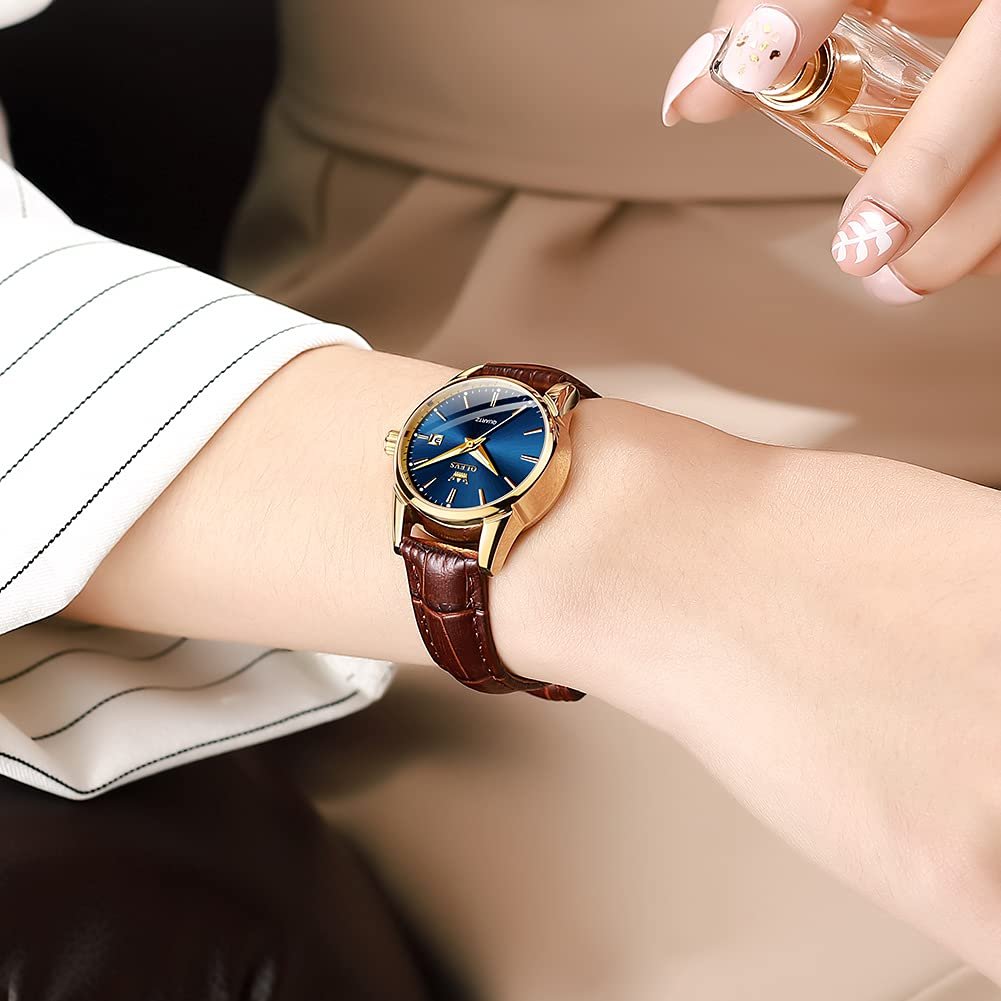 Жіночий годинник OLEVS Класичний Business Casual Аналоговий Кварцовий Коричневий Шкіряний Ремінець Синій/Чорний/Білий Циферблат, фото №3