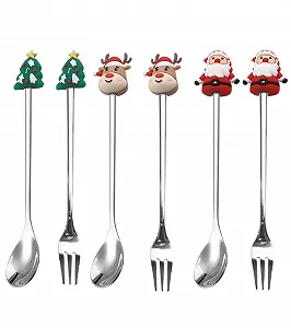 Набор Рождественских Ложек, Ложка Рождественская, Ложка для кофе, Набор Рождественских Ложек для кофе из нержавеющей стали, Маленькая Бытовая Ложка, Ложка для десерта, Чайная ложка, Серебряная, 6 шт - Фото 1
