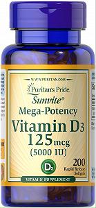 Витамин D3 Puritan's Pride Vitamin 5000iu 200 Softgels - Фото 1