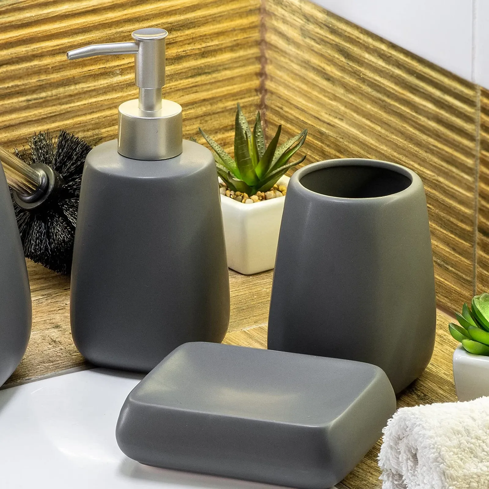 Набір для ванної кімнати KADAX, 2 предмети, кераміка, Стакан і Диспенсер, Антрацит, фото №3 Набір для ванної кімнати KADAX, 2 предмети, кераміка, Стакан і Диспенсер, Антрацит, фото №3