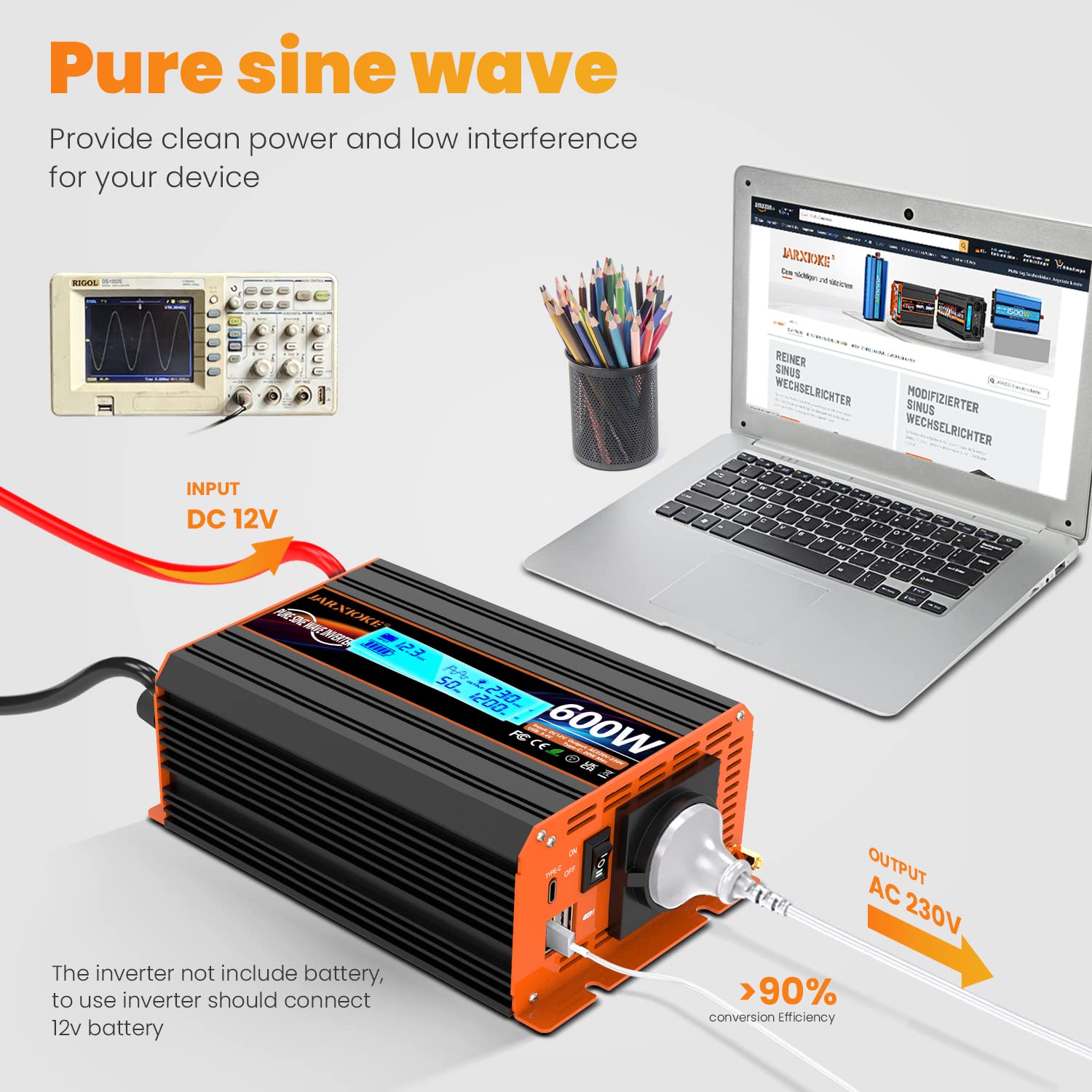 Инвертор Pure Sine Wave 600 Вт 12 В до 230 В с розеткой EU LCD дисплей, фото №5