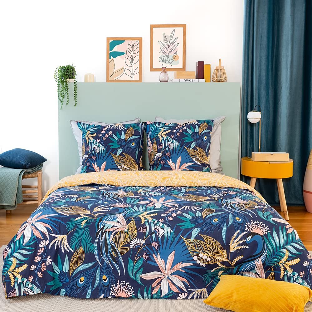 Підковдра CÔTE Deco Tropical Leaves 220 x 240 см + 2 наволочки 63 x 63 см, 100% м'яка бавовна, синій (240 x 220 см), фото №1