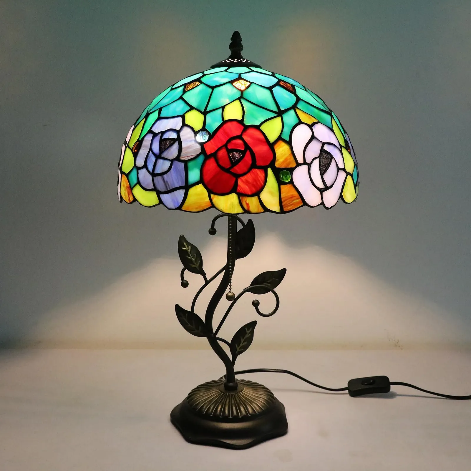Настільна лампа Tiffany Style 12 Inch Rose Stained Glass Handmade Metal Base E27, фото №2
