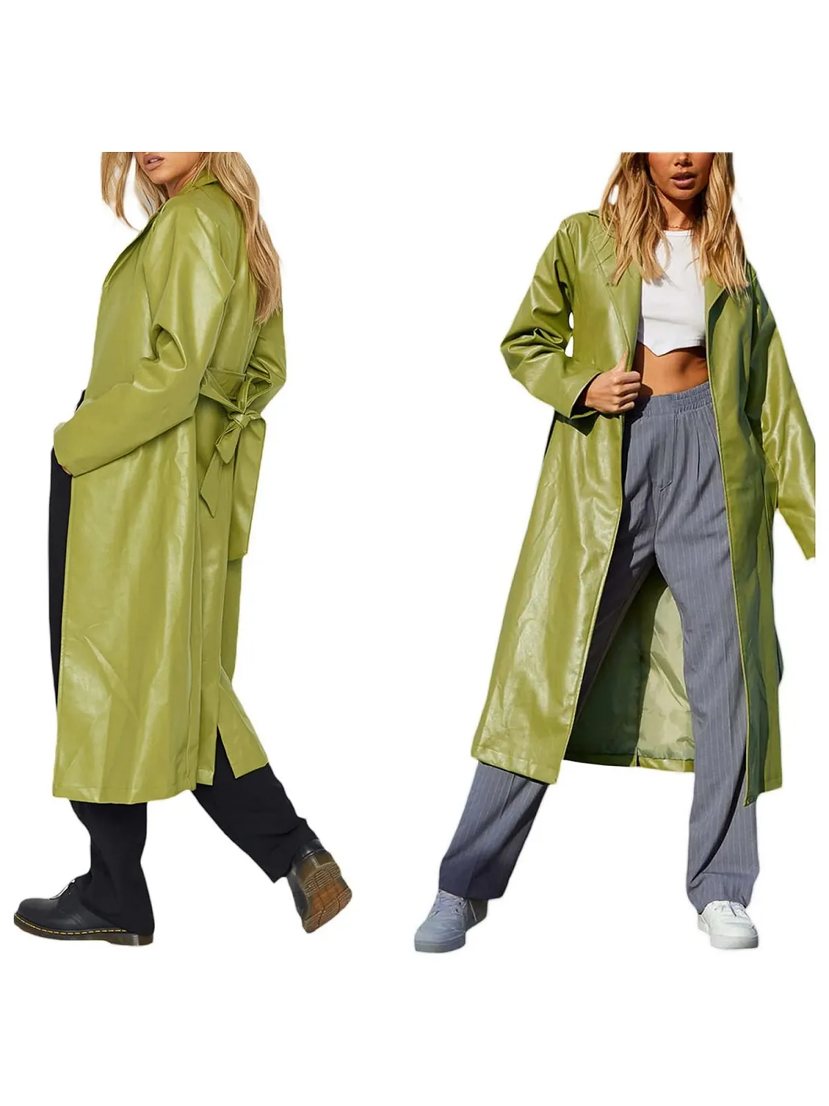 Жіноче повсякденне PU штучне шкіряне довге пальто-тренч вітрозахисне з поясом однотонне з лацканами, фото №3