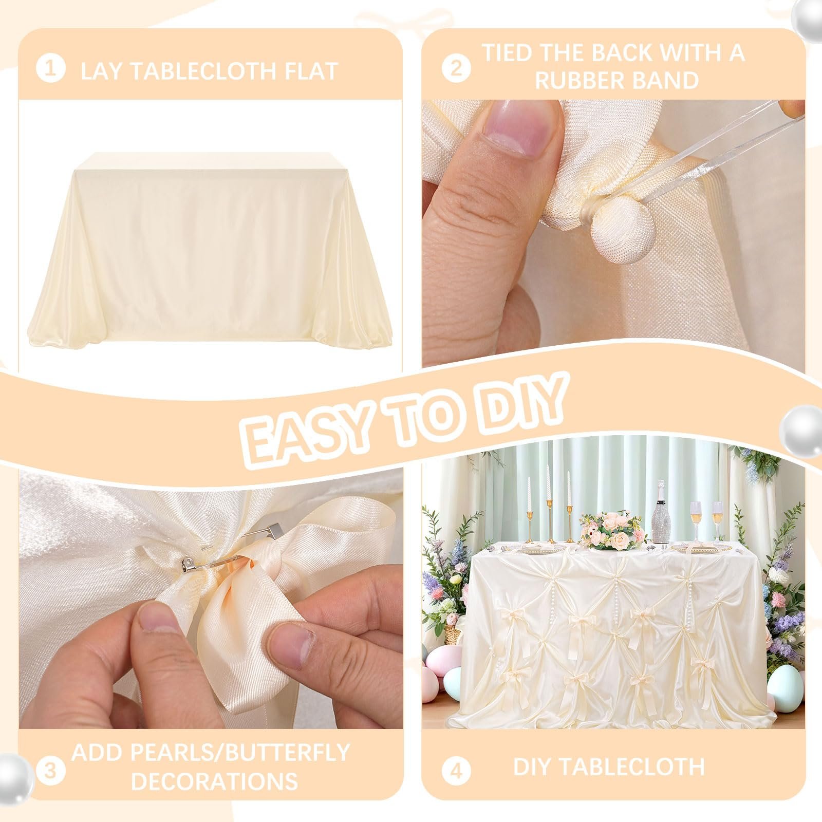 Скатертина сатинова DIY Design з бантами та намистинами 90 x 90 дюймів Cream, фото №3