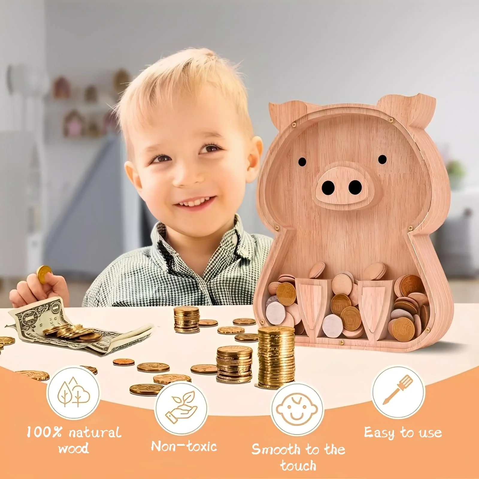 Скарбничка Дерев'яна Маленька свиня Прозора, фото №3