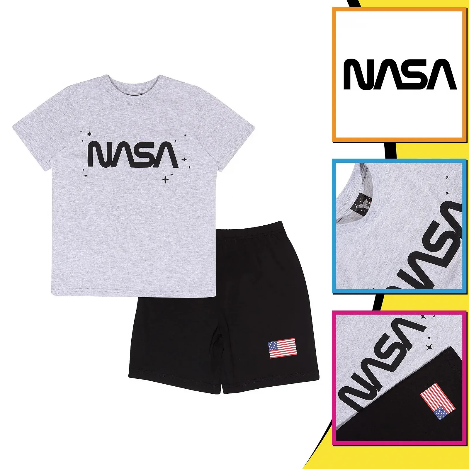 Комплект піжамний Popgear NASA Us Flag Text Logo для дівчат, чорний/сірий меланж, фото №3