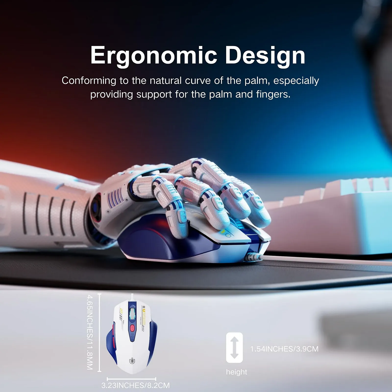 Мышь Uineer проводная, эргономичный дизайн, до 7200 DPI регулируемая, 6 кнопок, для компьютера, ПК, ноутбука, Plug & Play, сине-белая, фото №2