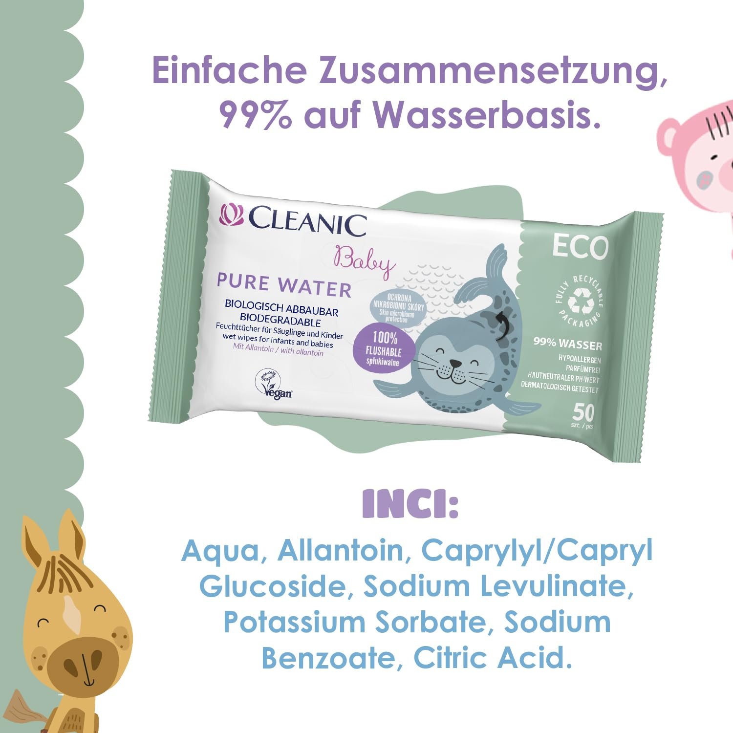 Салфетки влажные Cleanic Baby Eco Pure Water для детей, 99% вода, с аллантоином, без запаха, 50 штук, фото №5