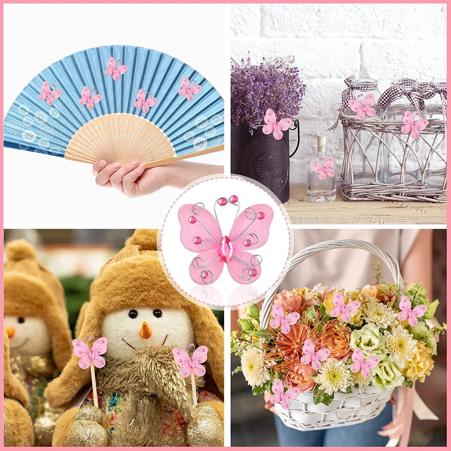 Декоративні наклейки Butterflies Набір 24 шт. Штучні Сітчасті Блискучі Рожеві, фото №5