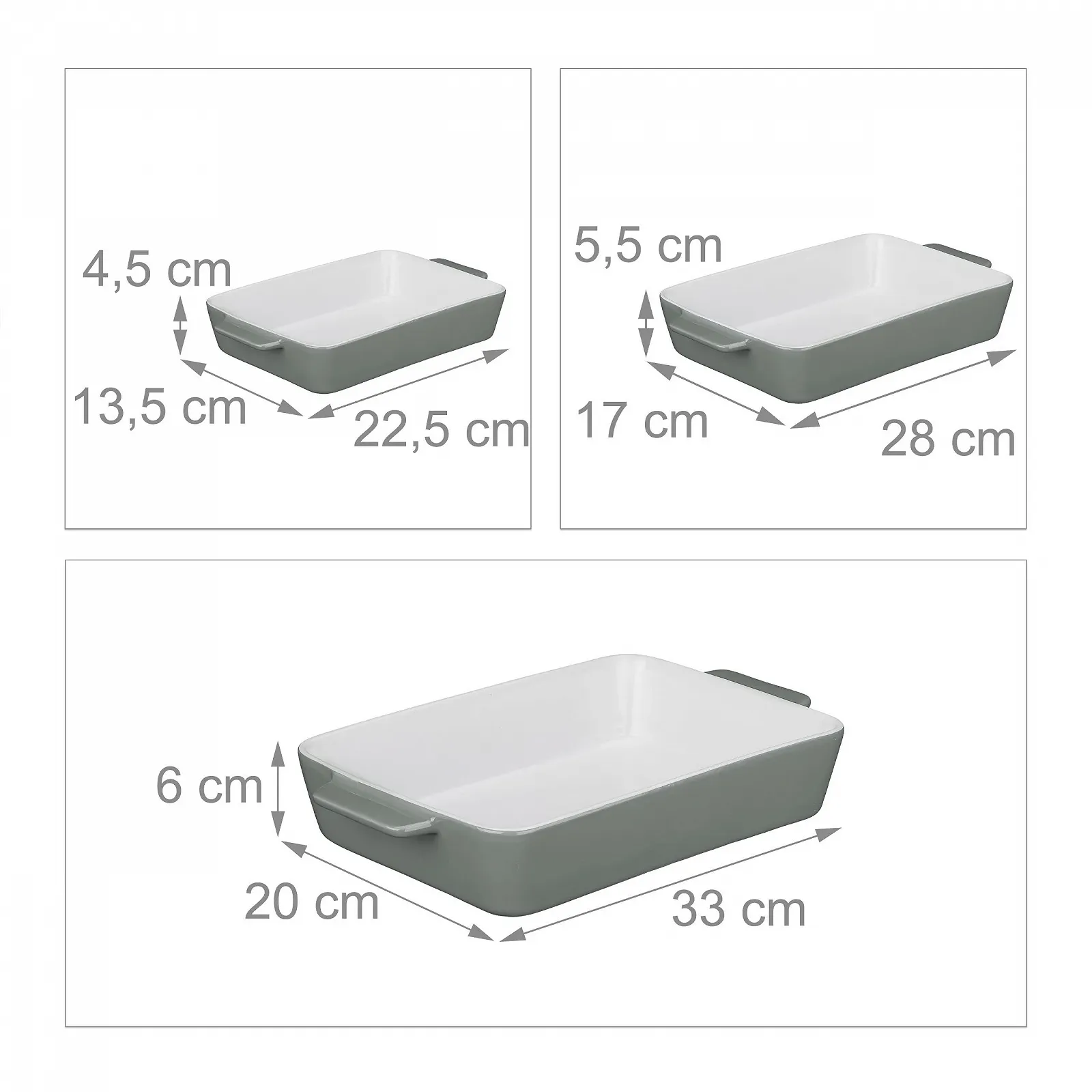 Набір форм для запікання Relaxdays 3 штуки керамічні прямокутні Grey/White 6 x 33 x 20 сантиметрів, фото №4