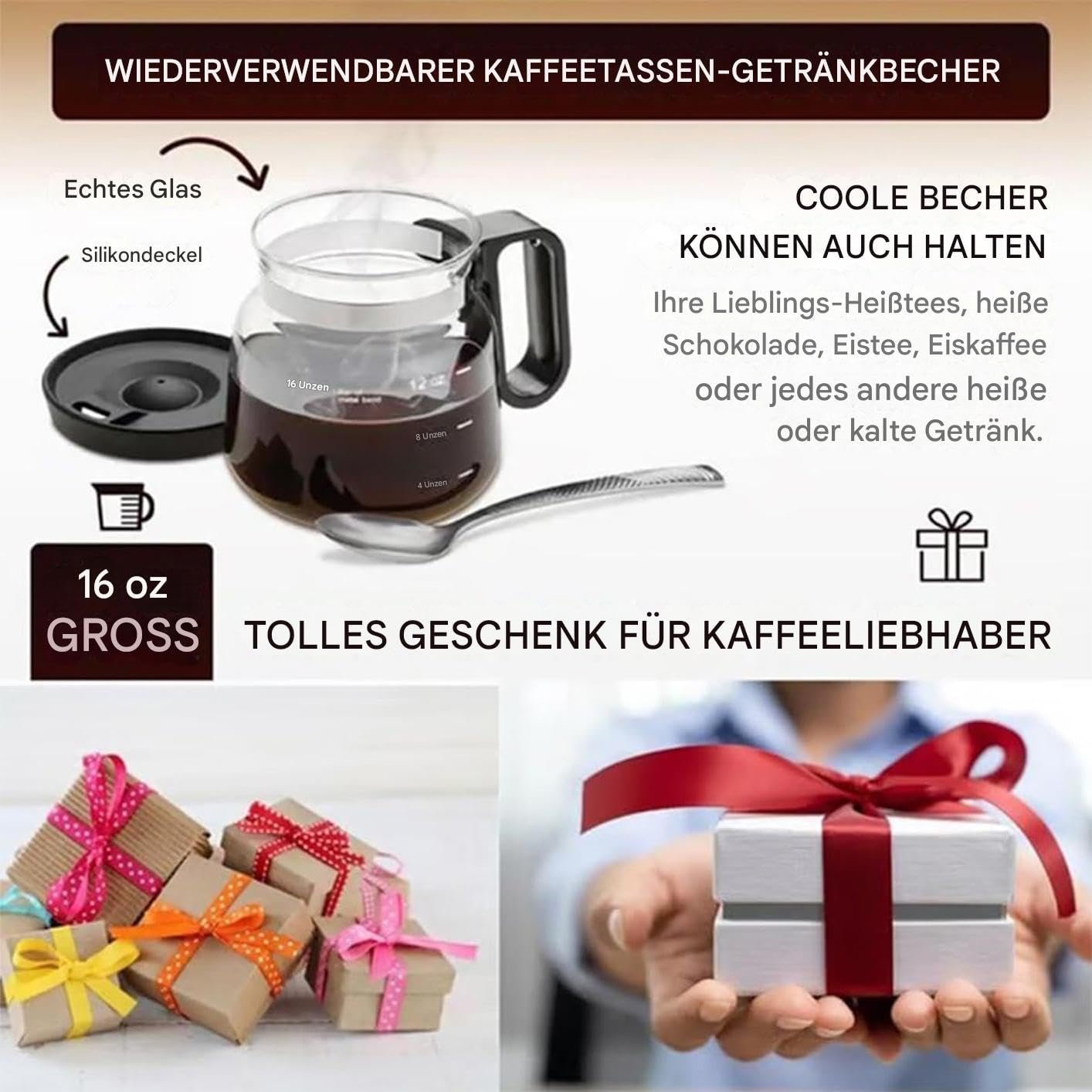 Кавник-кухоль Скляний 473 мл з ручкою та кришкою, фото №7