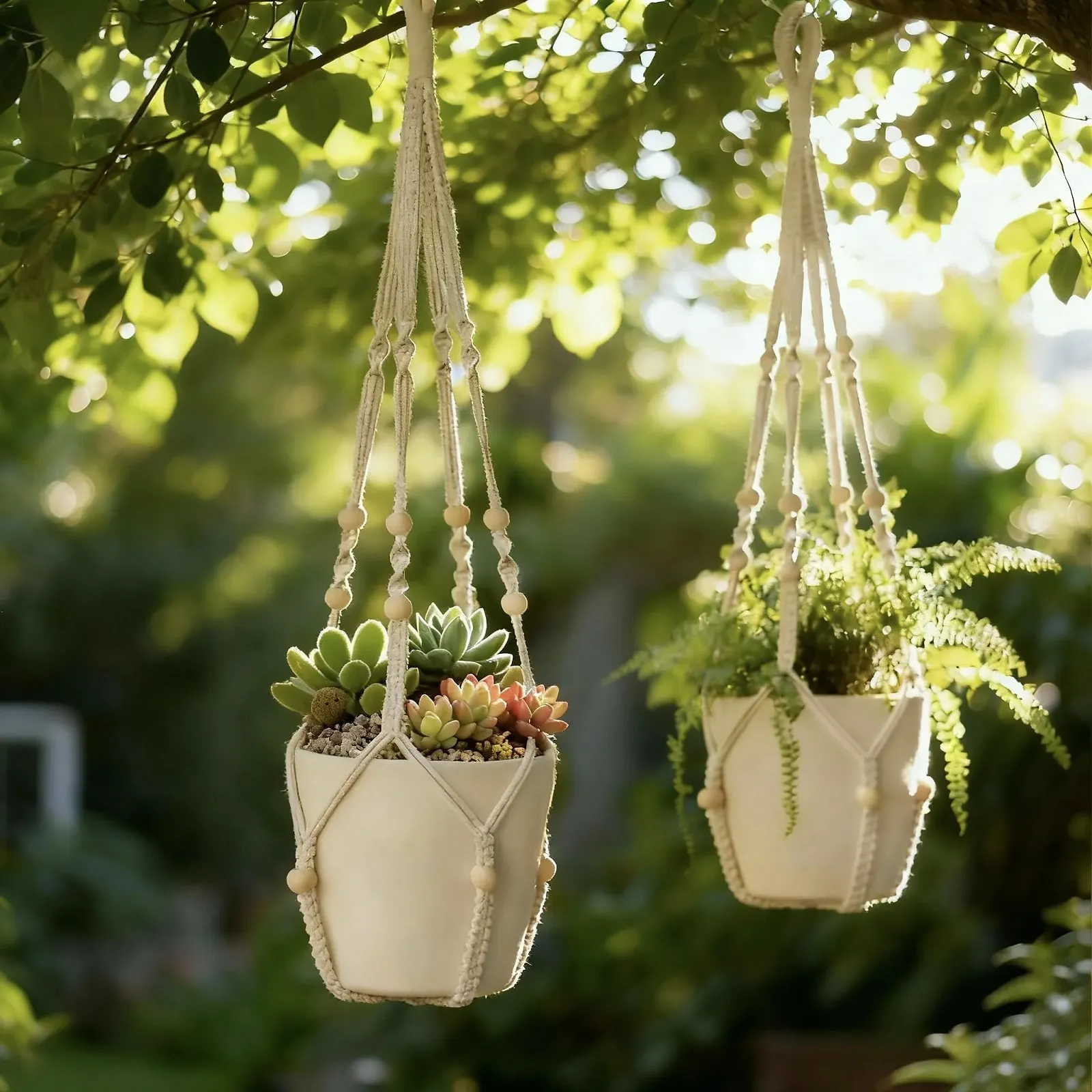 Подвесные корзины макраме Набор из 2 шт хлопковые 89 см с крючками Белый, фото №5