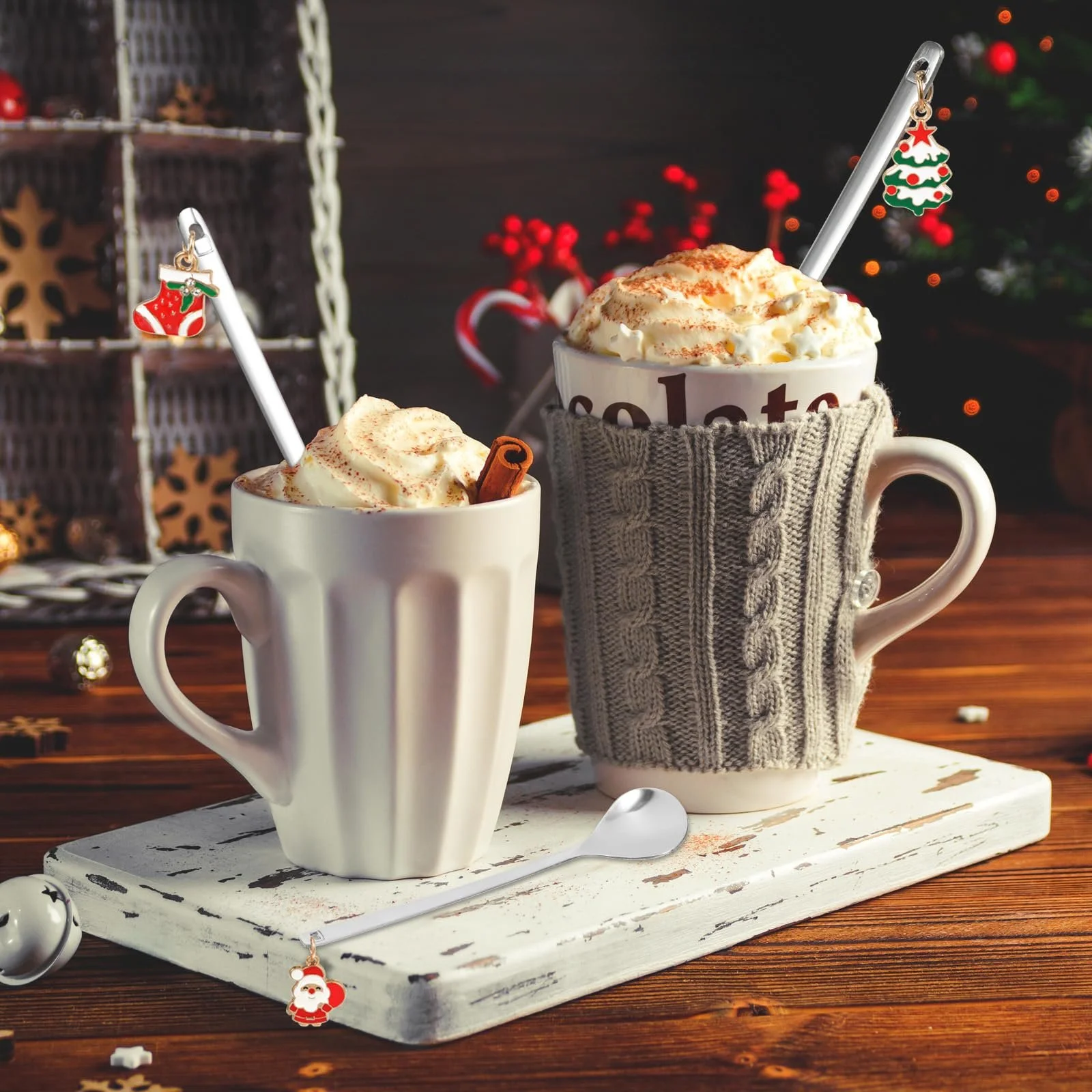 Ложка Кавова HOWAF Різдвяна Набір 6 штук з нержавіючої сталі з різдвяним кулоном Срібна, фото №7