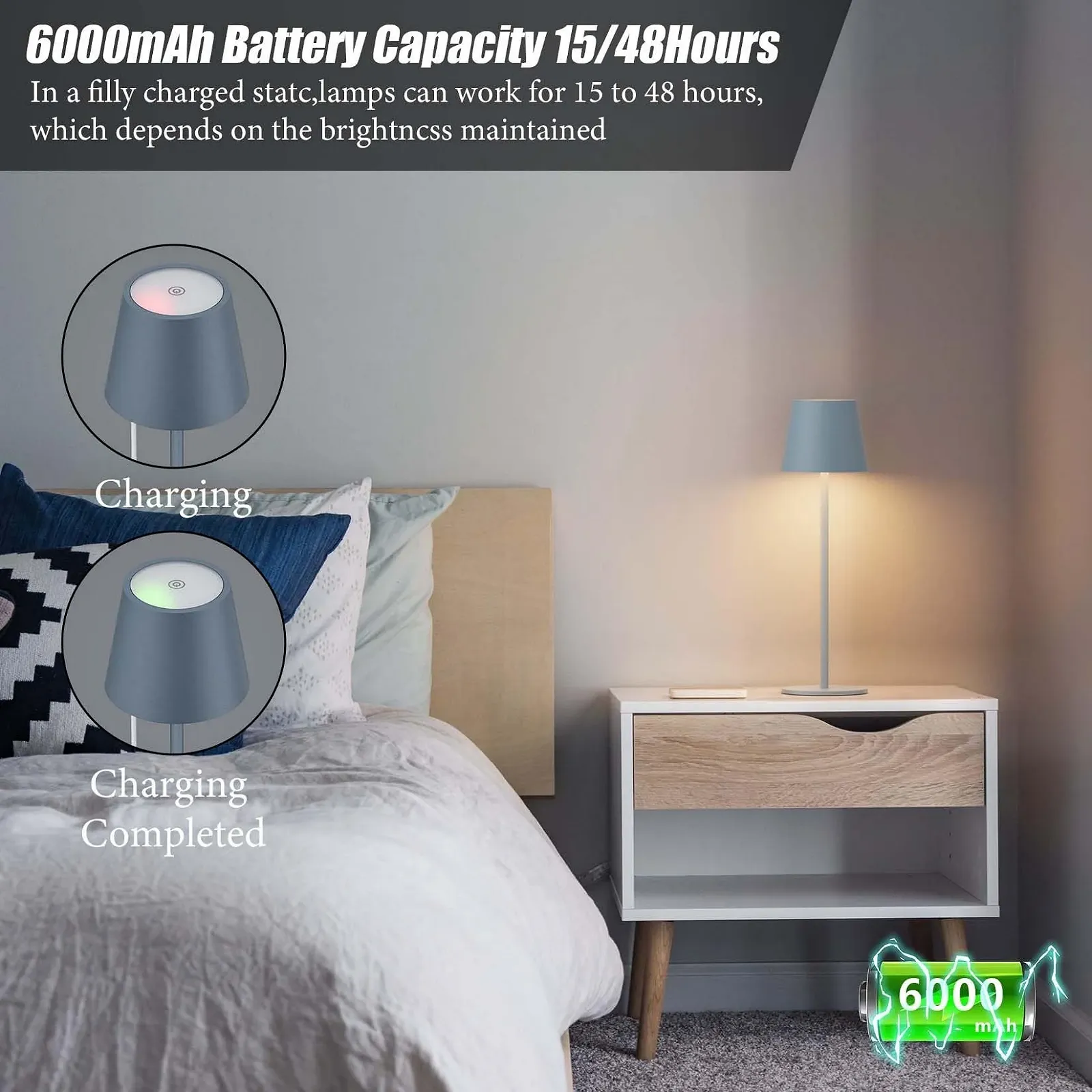 Настільна лампа Aipsun (Набір із 2 шт.) акумуляторна LED 6000 mAh бездротова IP54 синя, фото №6