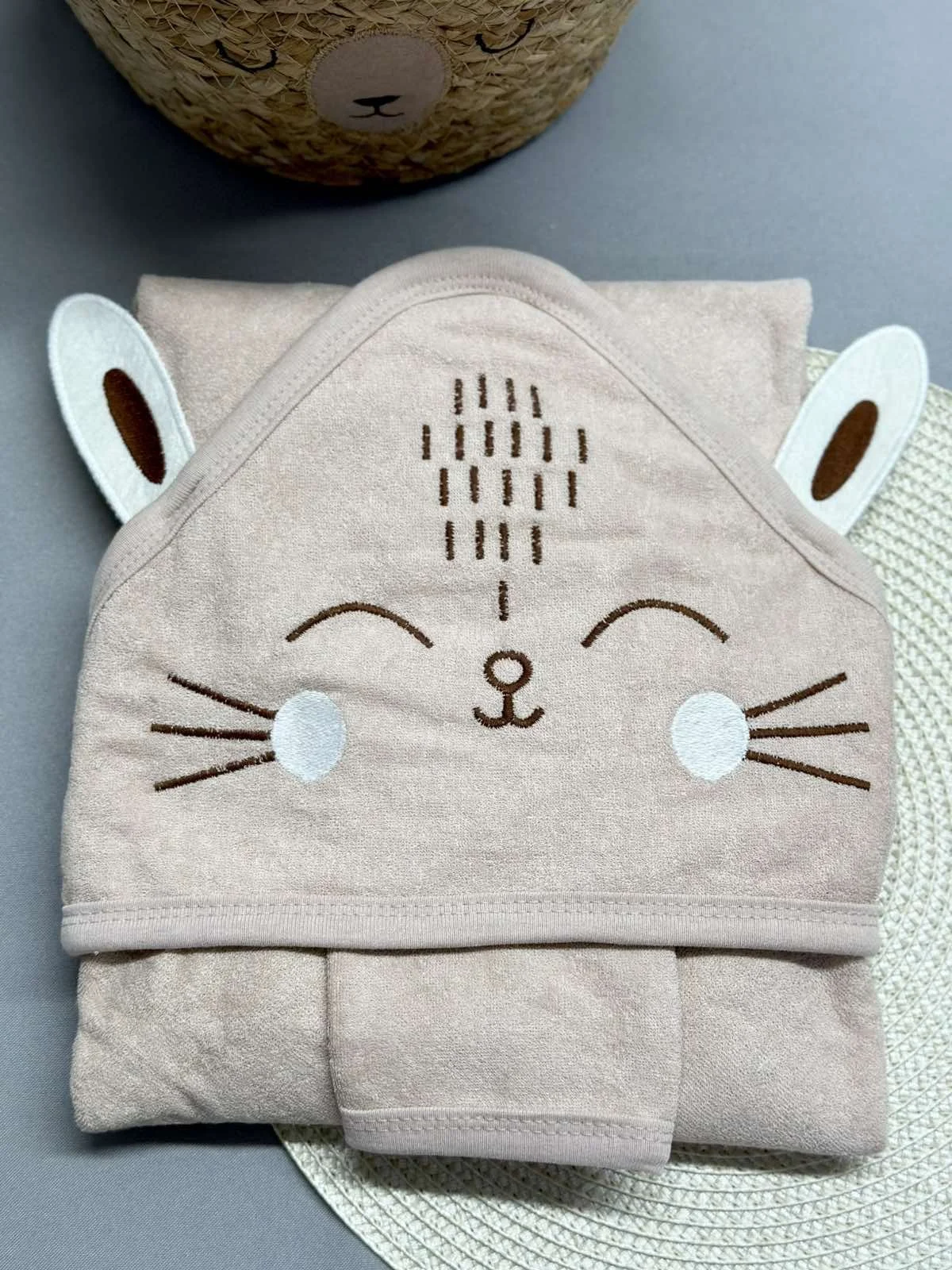 Махровий рушник-куточок для малюка та мочалка Котик бежевий, фото №1