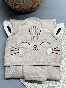 Махровий рушник-куточок для малюка та мочалка Котик бежевий - Фото 1