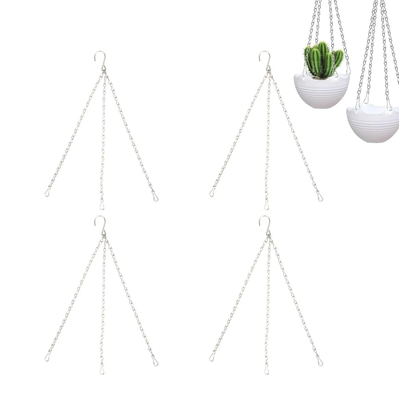 Подвесная цепь для цветочных горшков 4 штуки Металлическая 3-х точечная с S-образными крючками и клипсами, фото №5