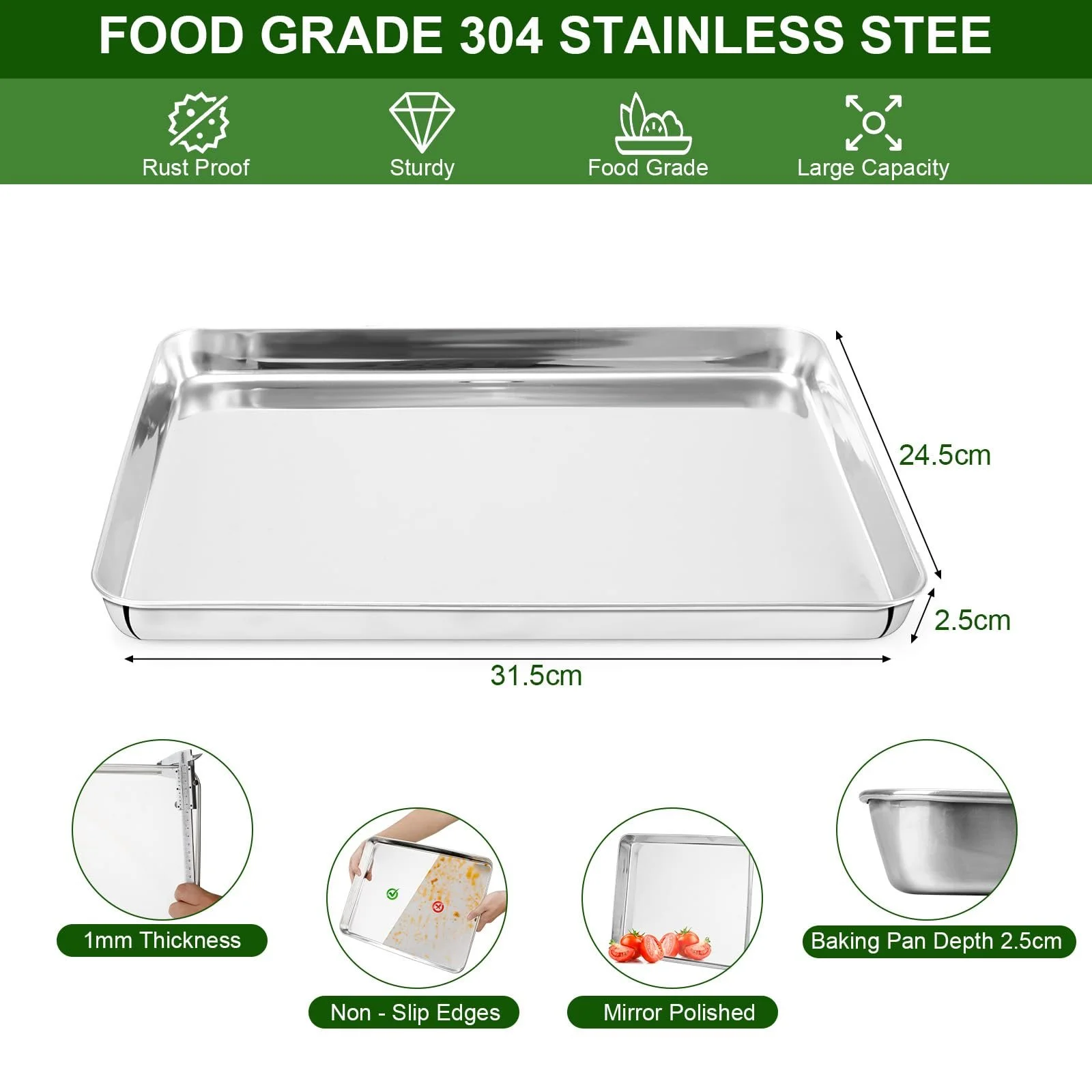 Противень для выпечки Cozary с решеткой для охлаждения 31,5 x 24,5 x 2,5 см нержавеющая сталь 304 прямоугольный, фото №2