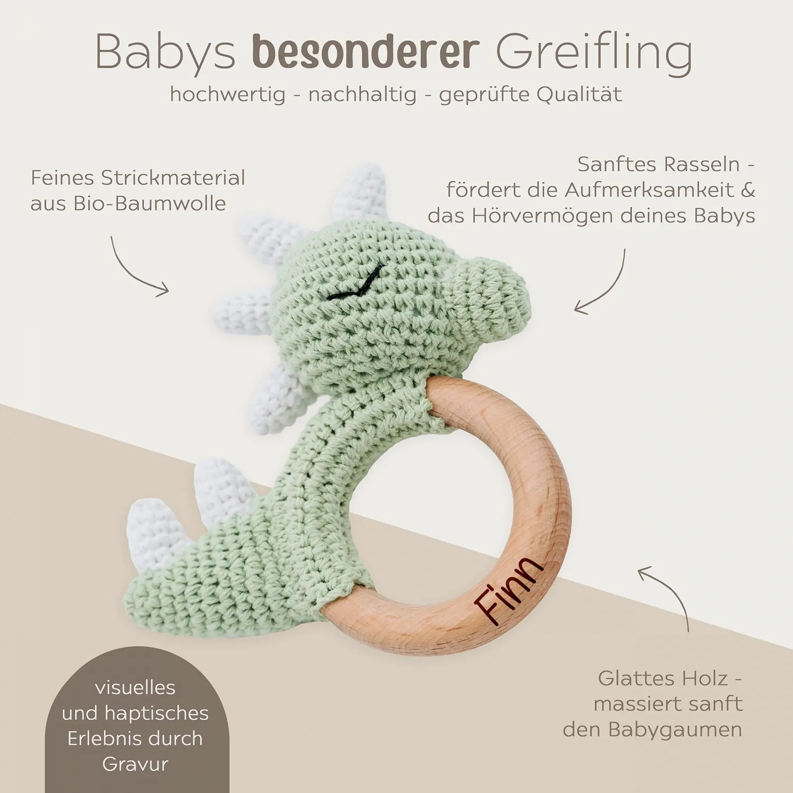 Прорезыватель для зубов именной Wunderwunsch Dino Green с именем, фото №3