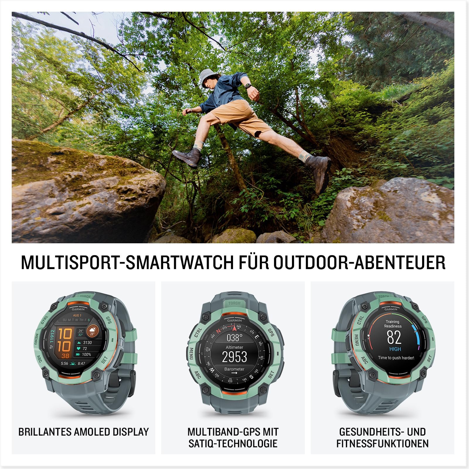 Смарт-годинник Мультиспорт Garmin Instinct 3 50 мм AMOLED GPS, дисплей 1.3 дюйма, до 24 днів роботи від батареї, 80+ спортивних програм, Health Coach, мультисупутниковий прийом, світлодіодний ліхтарик, повідомлення, фото №2
