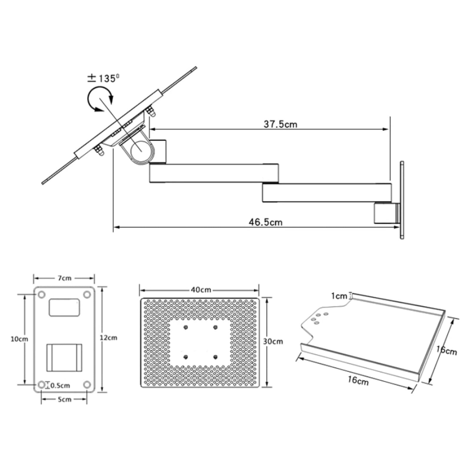 Настенное крепление для ноутбука, регулируемый кронштейн для ноутбука с подставкой для мыши, вентилируемая охлаждающая платформа, полная артикуляция движения, подставка для ноутбука, грузоподъемность 8 кг, для офиса, рабочей станции, фото №5