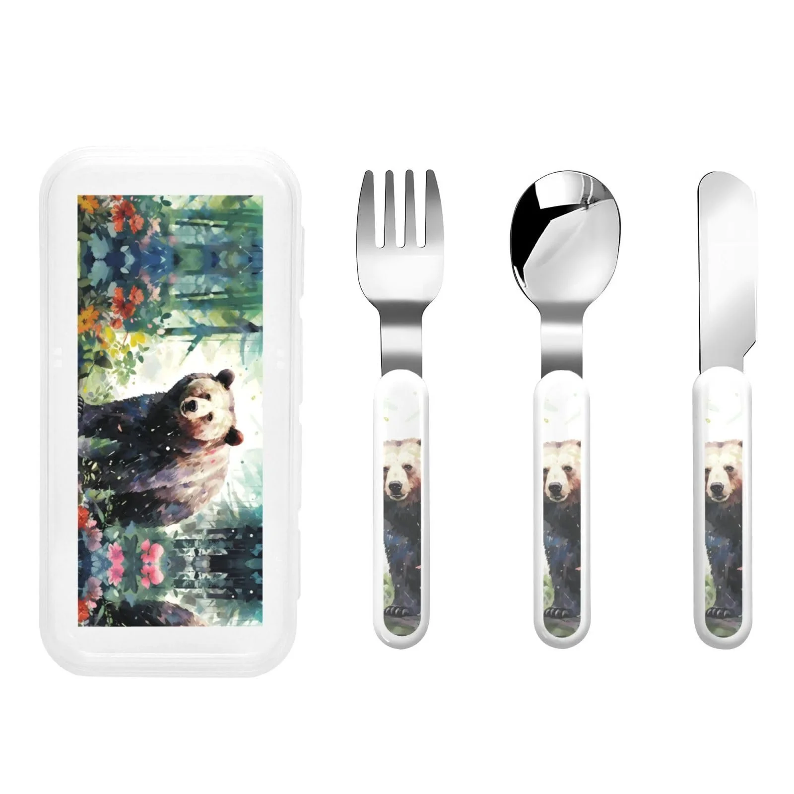 Дитячий набір столових приборів з малюнком Ведмедика в джунглях, 3 предмети, багаторазовий, фото №1 Дитячий набір столових приборів з малюнком Ведмедика в джунглях, 3 предмети, багаторазовий, фото №1