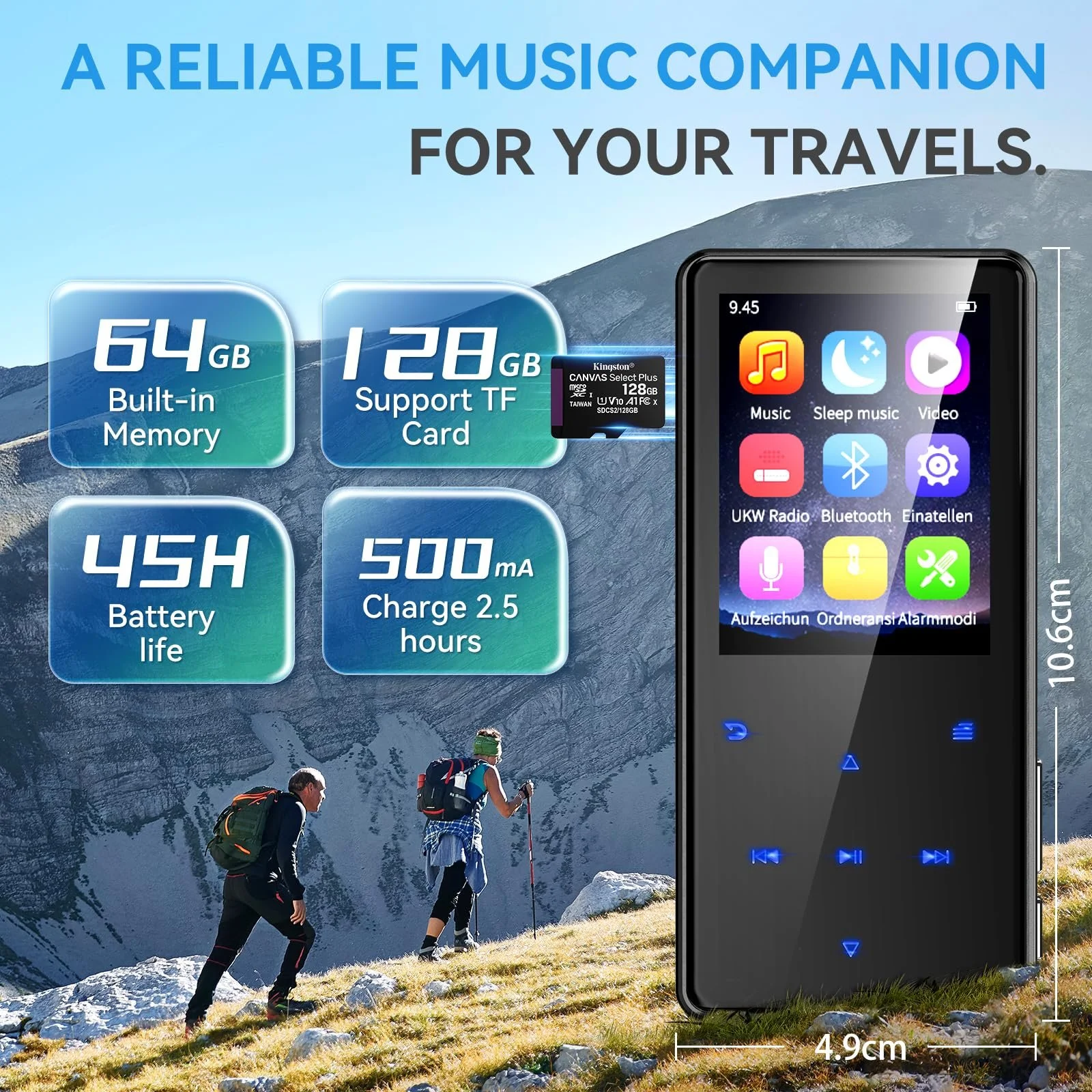 MP3-плеєр 64GB Bluetooth 5.3, 18 заспокійливих звуків, пристрій білого шуму для немовлят та дорослих для сну, вбудований HD динамік, диктофон, FM-радіо, TF-карта до 128GB, фото №6