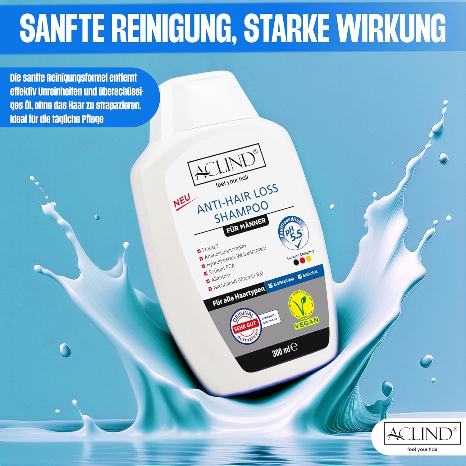 Шампунь ACLIND Проти випадіння волосся Органічні інгредієнти 300 мл, фото №7 Шампунь ACLIND Проти випадіння волосся Органічні інгредієнти 300 мл, фото №7