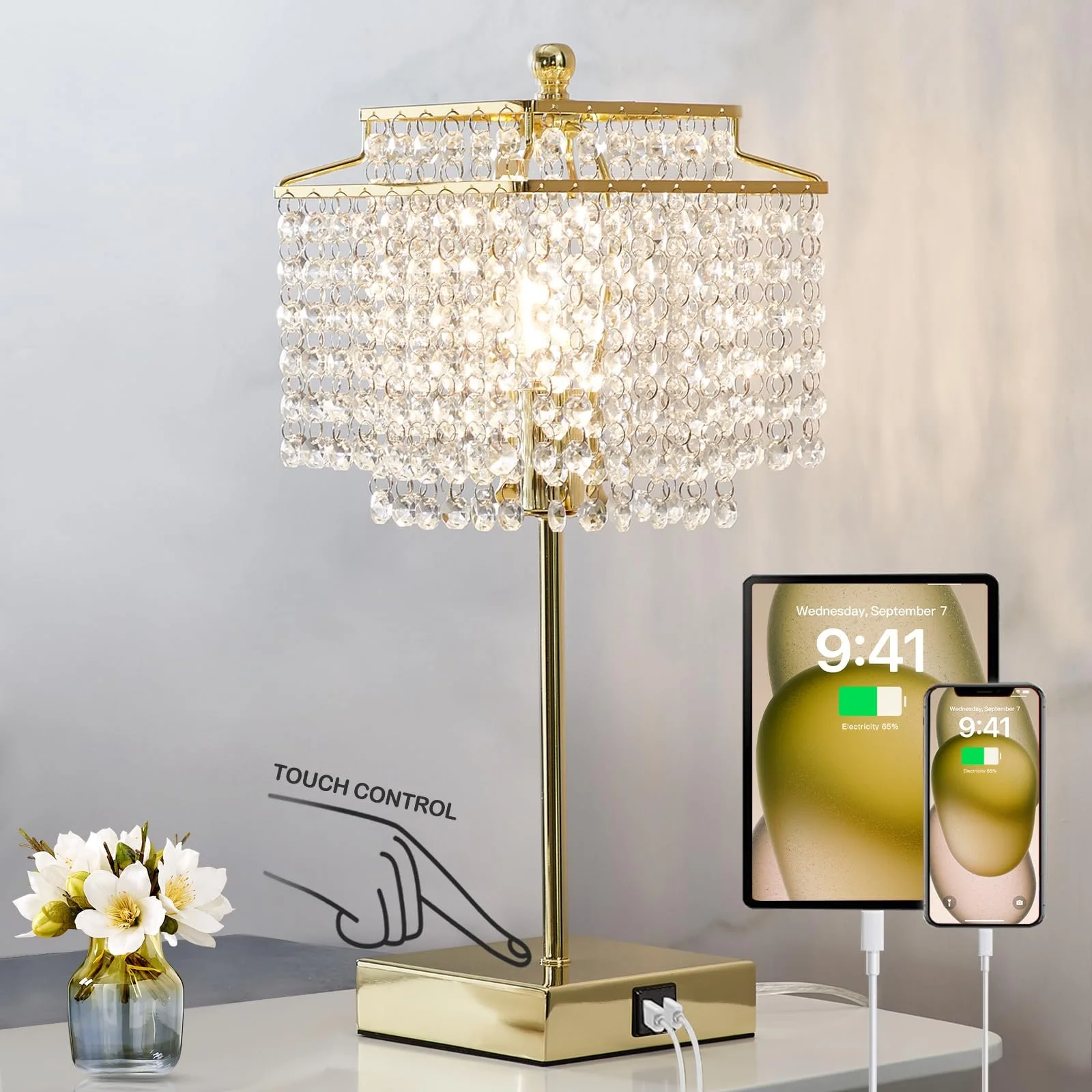 Настільна лампа GyroVu Crystal приліжкова сенсорна з функцією зарядки USB A+C та розетками Золотиста, фото №1