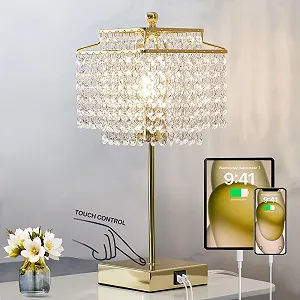 Настільна лампа GyroVu Crystal приліжкова сенсорна з функцією зарядки USB A+C та розетками Золотиста - Фото 1