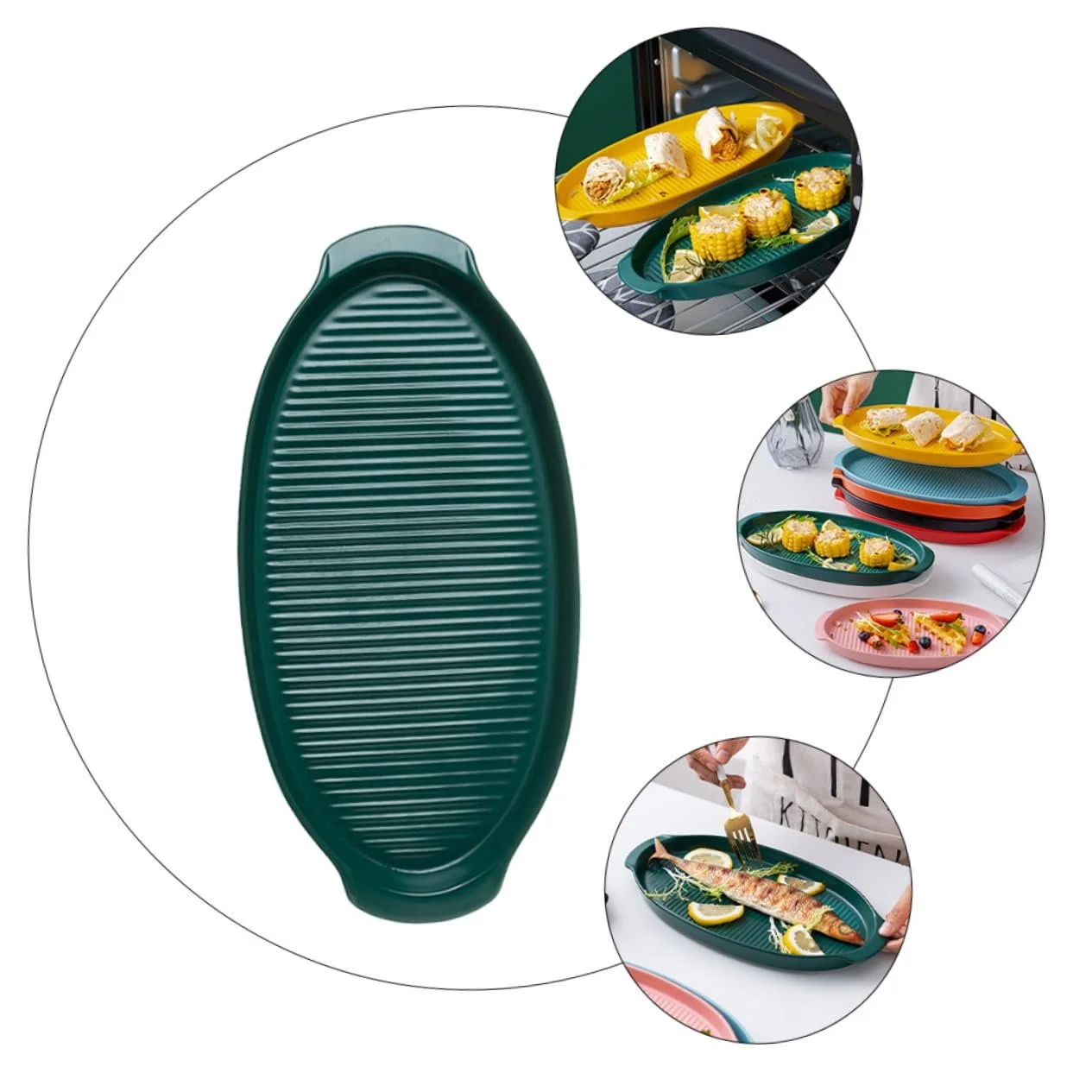 Форма для запекания PRETYZOOM Керамическая овальная с ручками малая Ретро-зеленая, фото №3