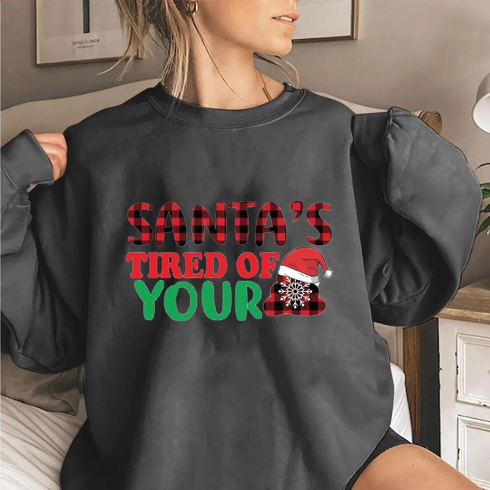 Рождественский свитшот Женский с принтом Санты и шапкой, длинные рукава, круглый вырез горловины, повседневный свободный свитшот с капюшоном для тренировок, фото №2