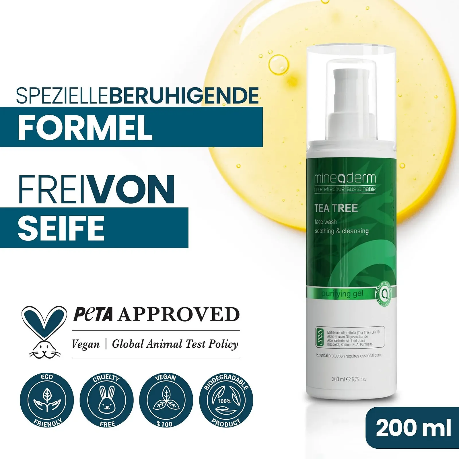 Гель для вмивання обличчя та тіла Mineaderm Tea Tree з маслом чайного дерева та алое вера 200 мл, фото №6