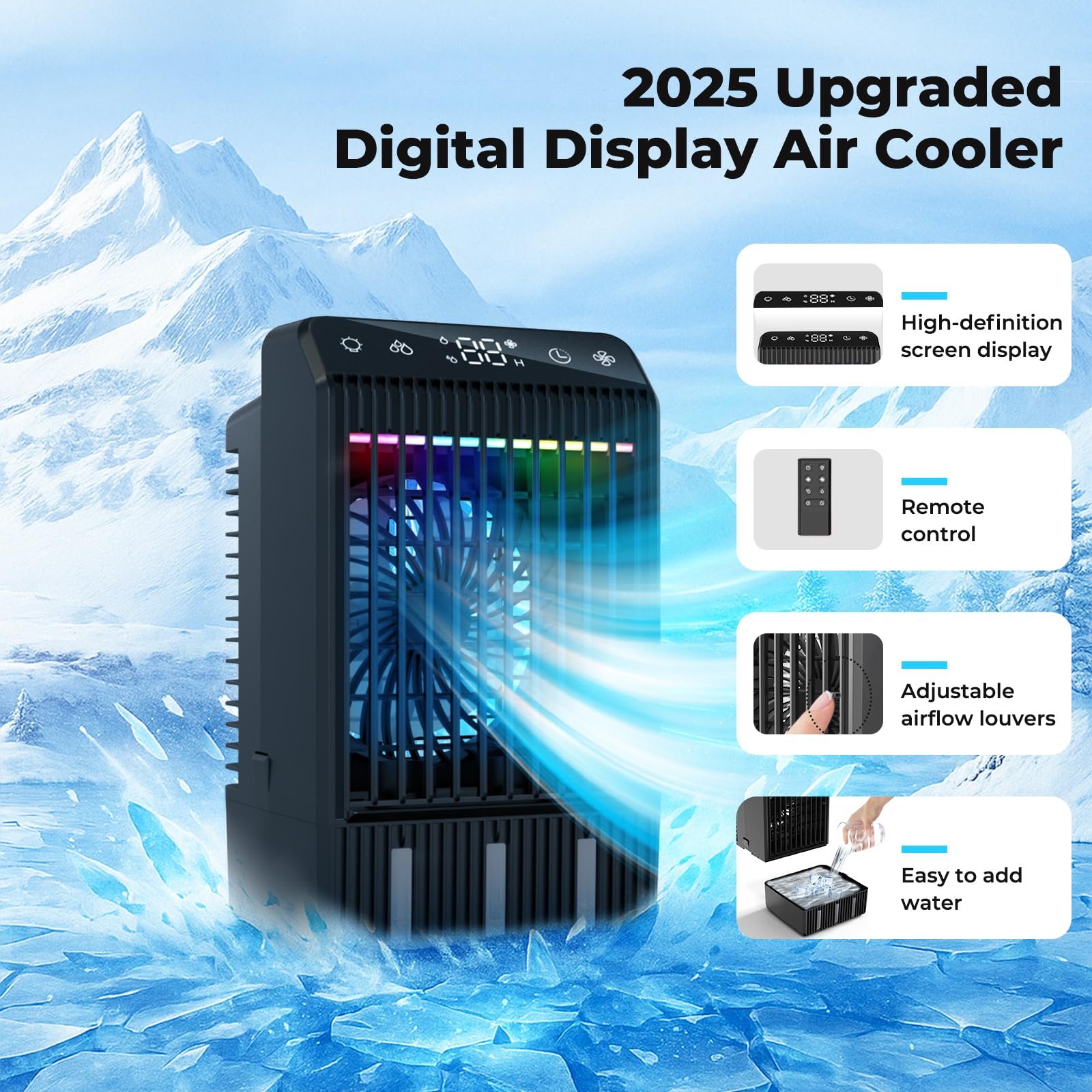 Мобільний міні-кондиціонер 4-в-1 з дисплеєм 1000 мл 4 швидкості Пульт Подвійне розпилення 7 кольорів, фото №6