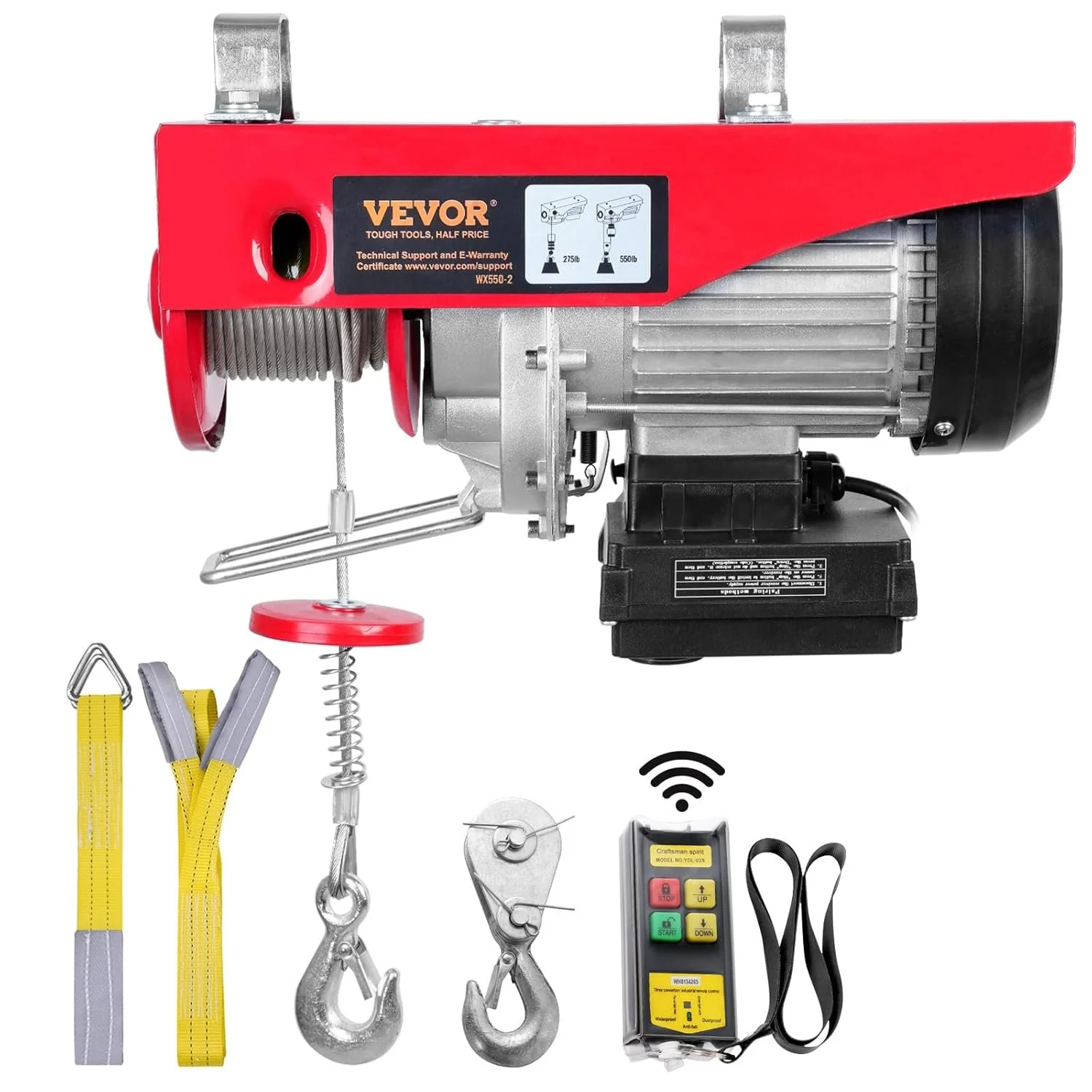 Электрическая лебедка VEVOR WX550-2 / 12 м / 510W / до 250 кг / 10 м/мин / Дистанционное управление / Красный, фото №1