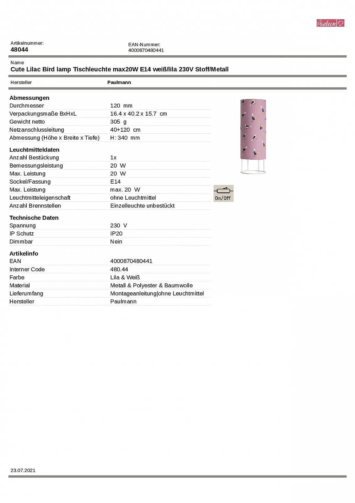 Настільна лампа Pauleen 48044 Cute Lilac Bird E14 макс. 20 Вт метал тканина фіолетова, фото №6