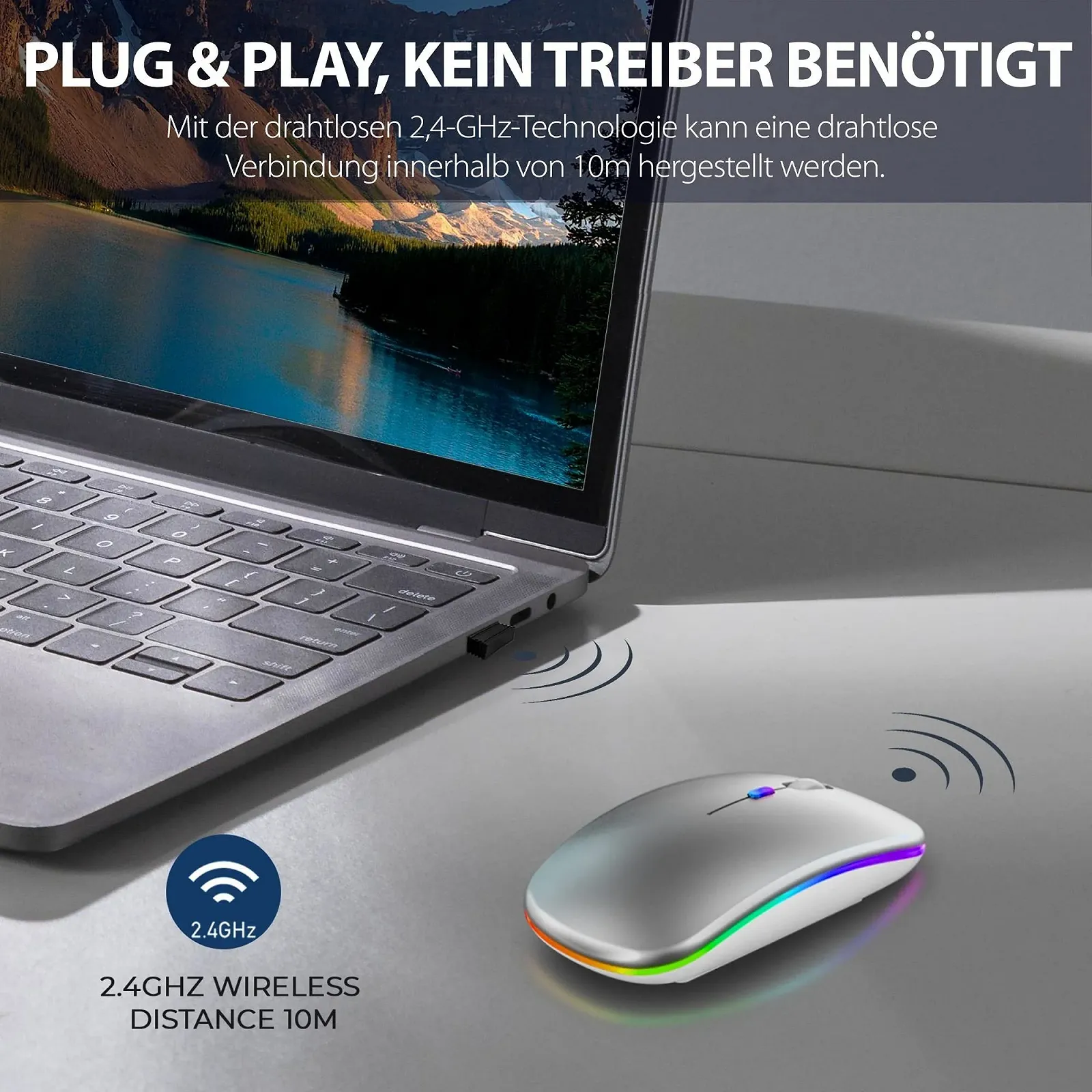 Мышь беспроводная GLOBAL TECH, LED, аккумуляторная, тихая, тонкая, USB 2.4G, серебристая, фото №6