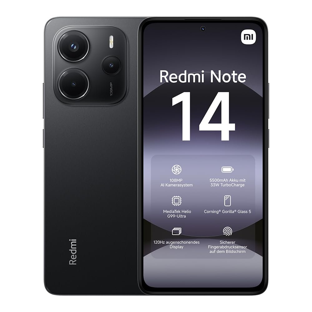Смартфон Xiaomi Redmi Note 14, 8 + 256 ГБ, Чорний, 108 Мп AI Система камери, Акумулятор 5500 мАг, Дисплей 120 Гц із захистом очей, Функції AI (Зарядний пристрій не входить в комплект), фото №1