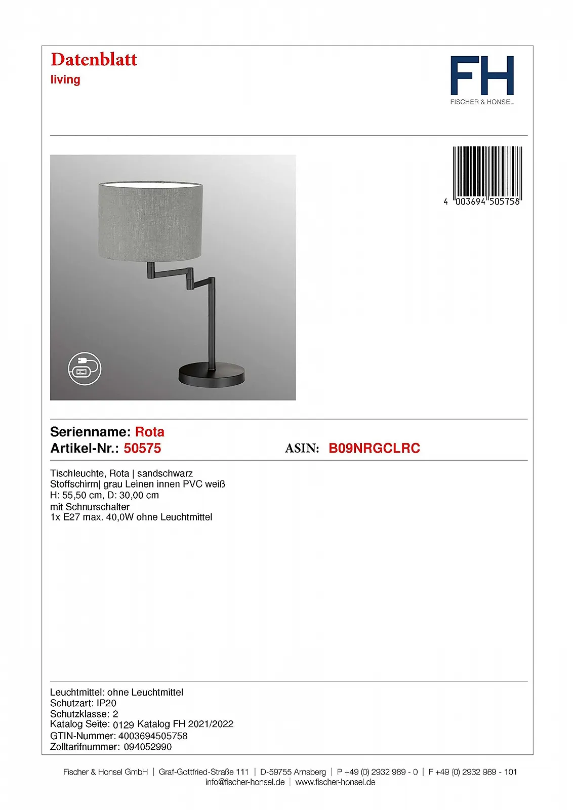 Настільна лампа Fischer & Honsel Rota з регульованим лляним абажуром, 1 x E27, піщаний чорний, сірий та білий, висота 55,5 см, діаметр 30 см, фото №4