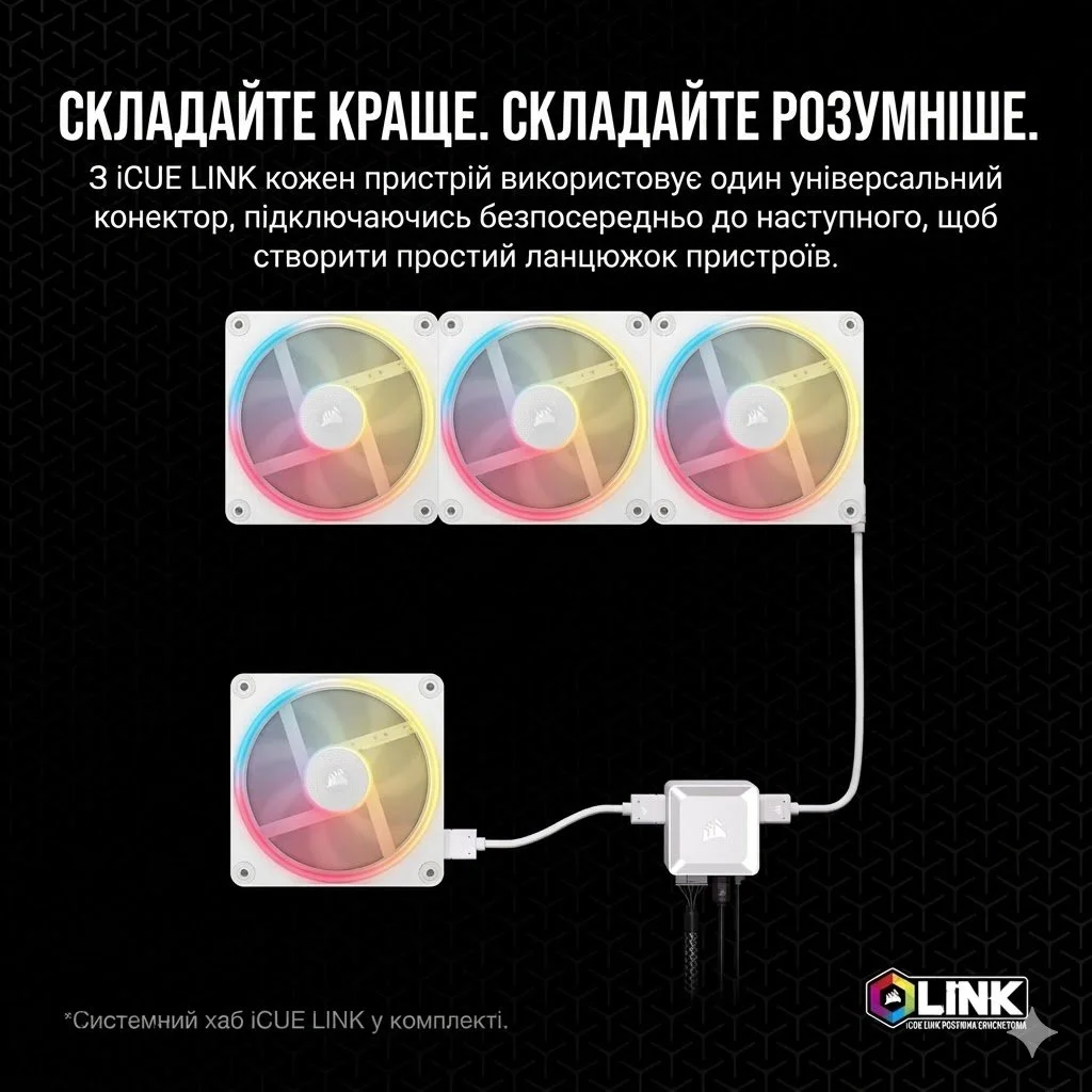 Комплект кулерів Corsair iCUE LINK LX120-R RGB 120mm PWM Reverse White 3-Pack, фото №7