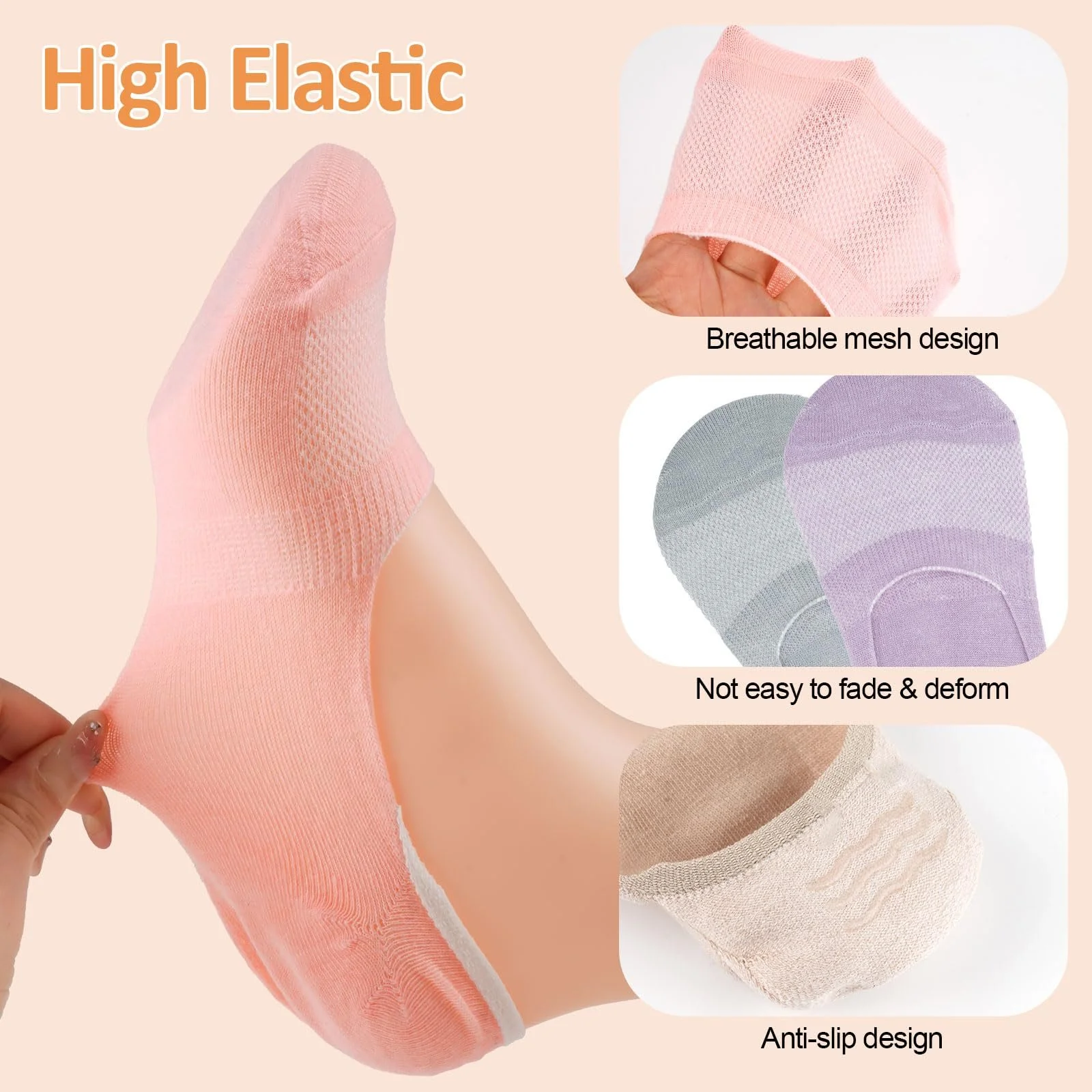 Носки Hopton 9 пар женские, 35-40, разноцветные носки для тренировок, невидимые дышащие носки-балетки с нескользящим силиконом для лоферов, туфель на плоской подошве, кроссовок, черный, белый, синий, желтый, хаки, фото №4