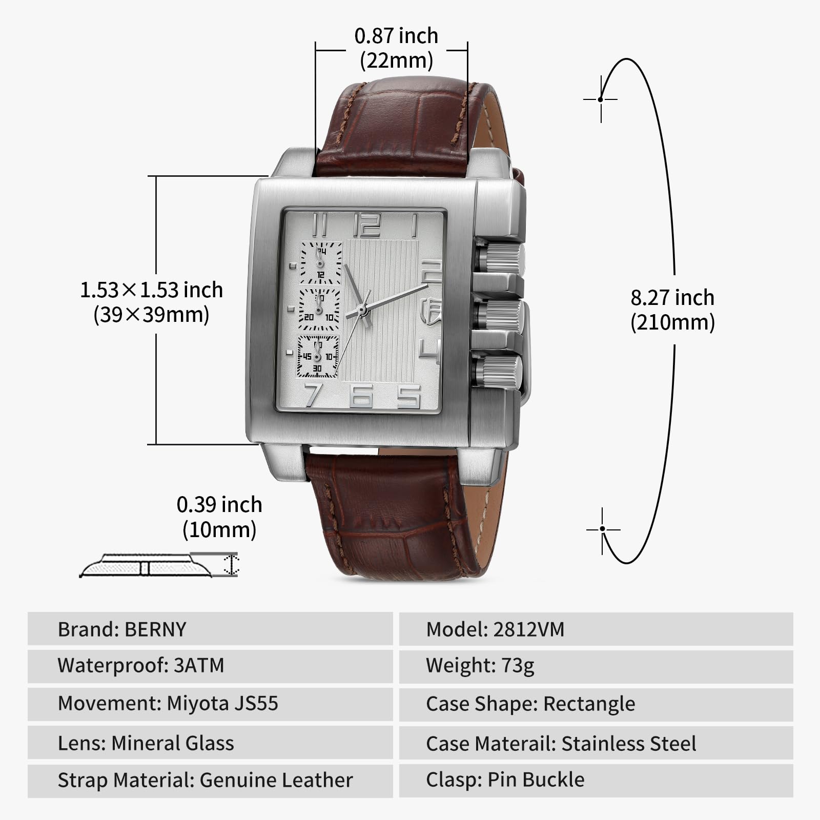 Часы BERNY Rectangle для мужчин Miyota JS55 Personalised Tank с тремя суб-циферблатами Мужские модные бизнес-кэжуал часы 3ATM Водонепроницаемые Кожаный ремешок, фото №6