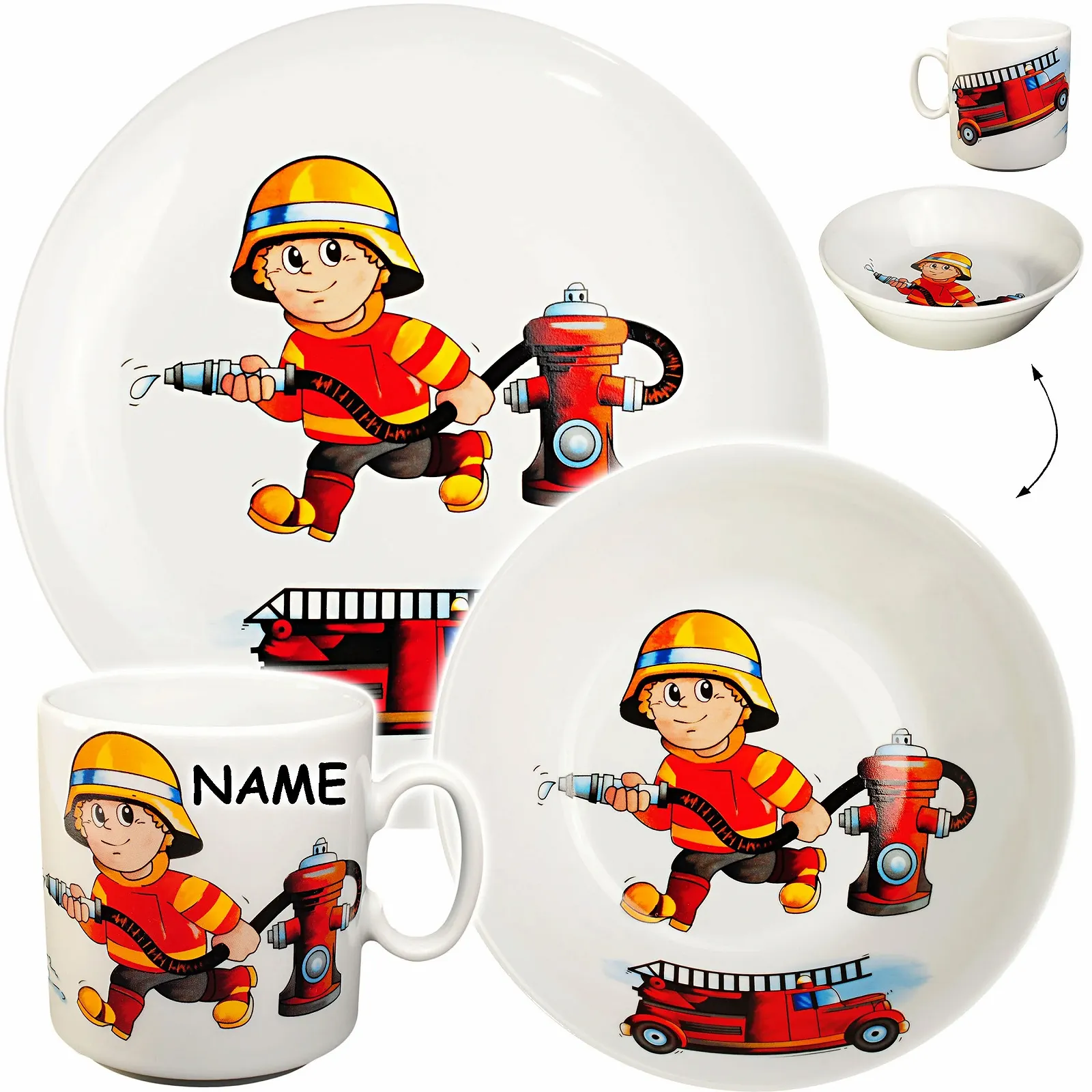 Набір дитячого посуду Пожежна бригада (тарілка, миска, чашка) Білий, фото №1 Набір дитячого посуду Пожежна бригада (тарілка, миска, чашка) Білий, фото №1