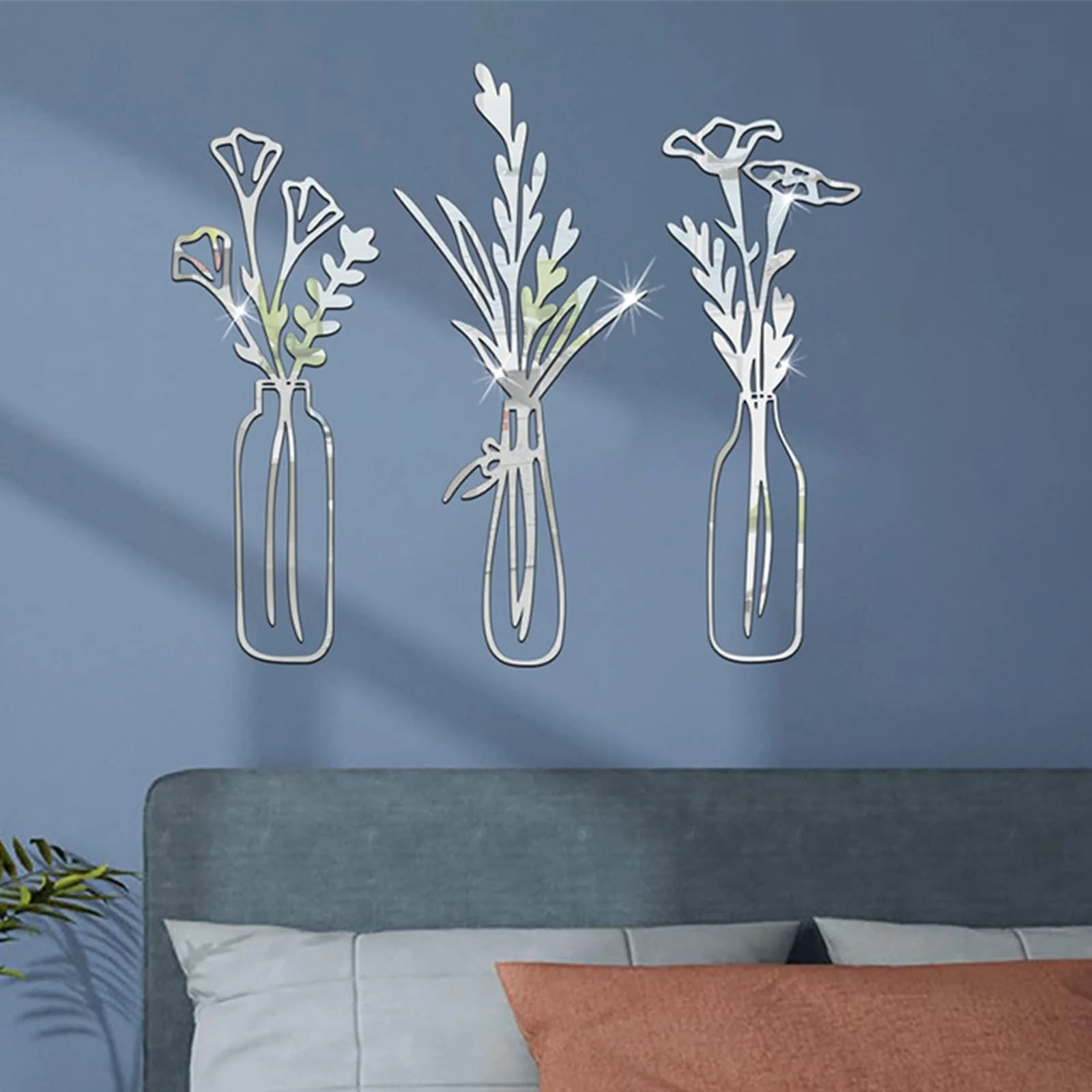 Наклейки на стену Акриловые зеркальные Цветы Ваза 3D Самоклеящиеся 3 шт. Серебристый, фото №3