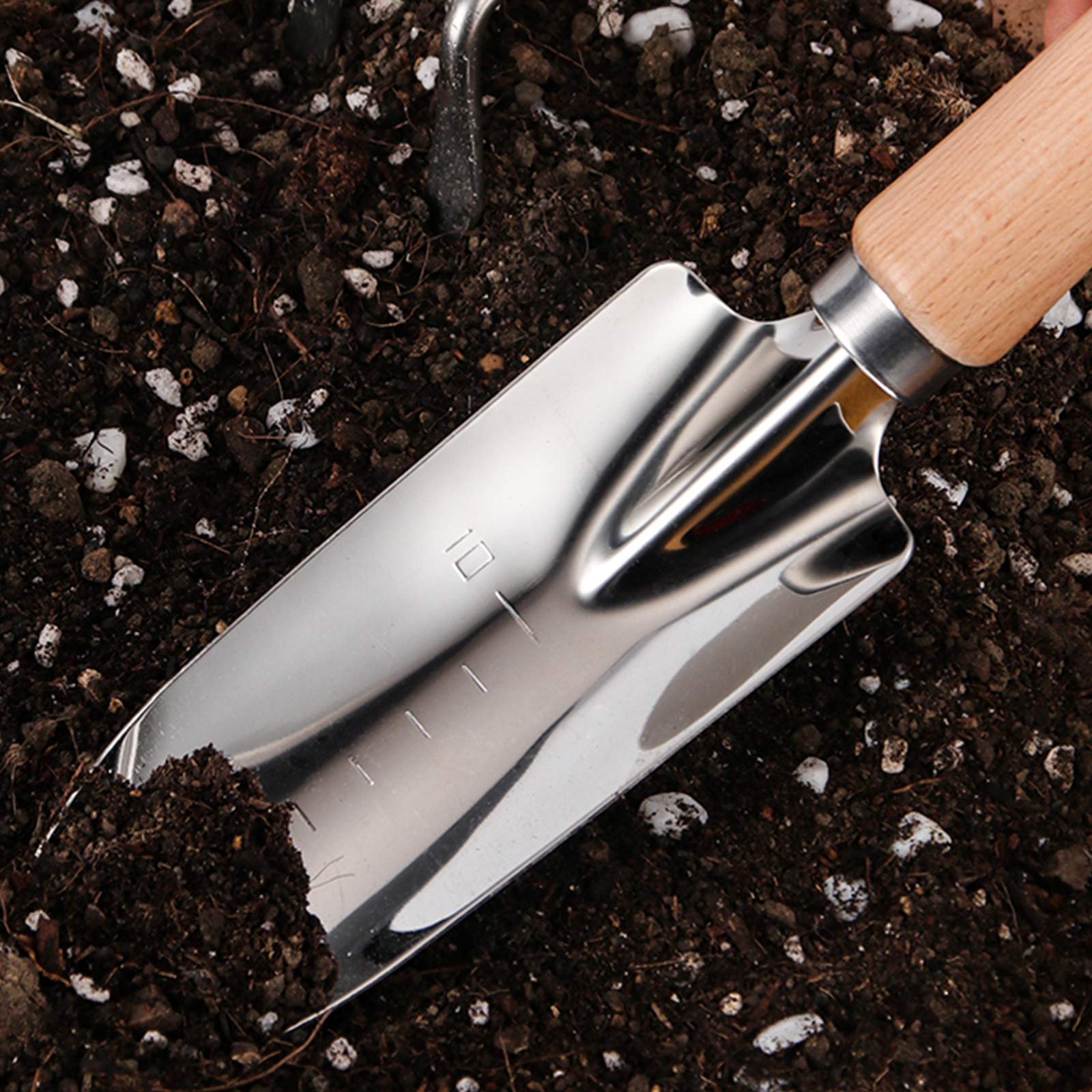 Лопата совковая садовый scalingscal, малый, универсальный, из нержавеющей стали, с деревянной ручкой, для посадки, пересадки, прополки, устойчив к коррозии., фото №5