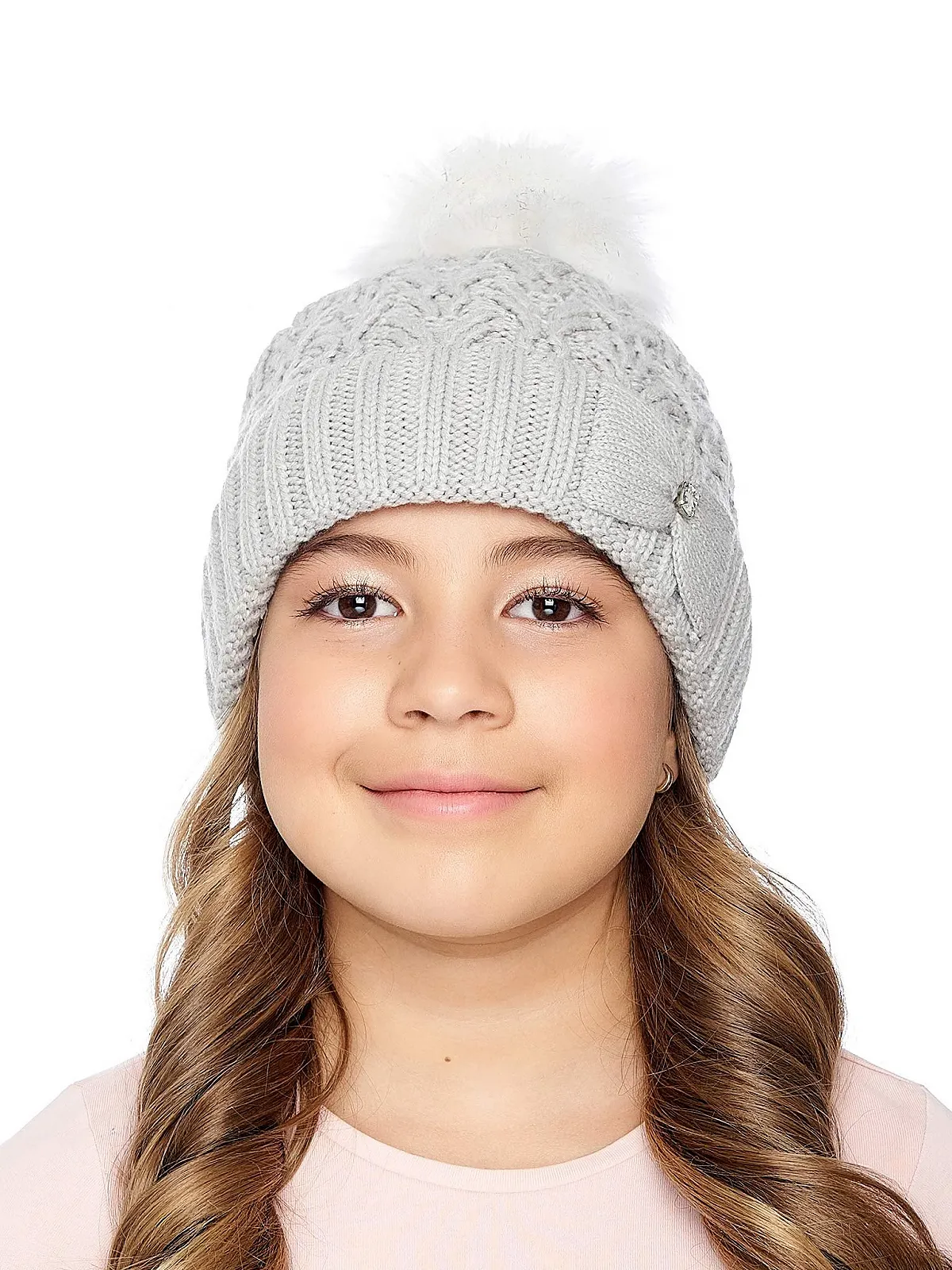 В'язана Шапка Marhatter Зимова Сучасна для Дівчат, з Бантиком та Блискучим Камінням, світло-сіра, фото №4