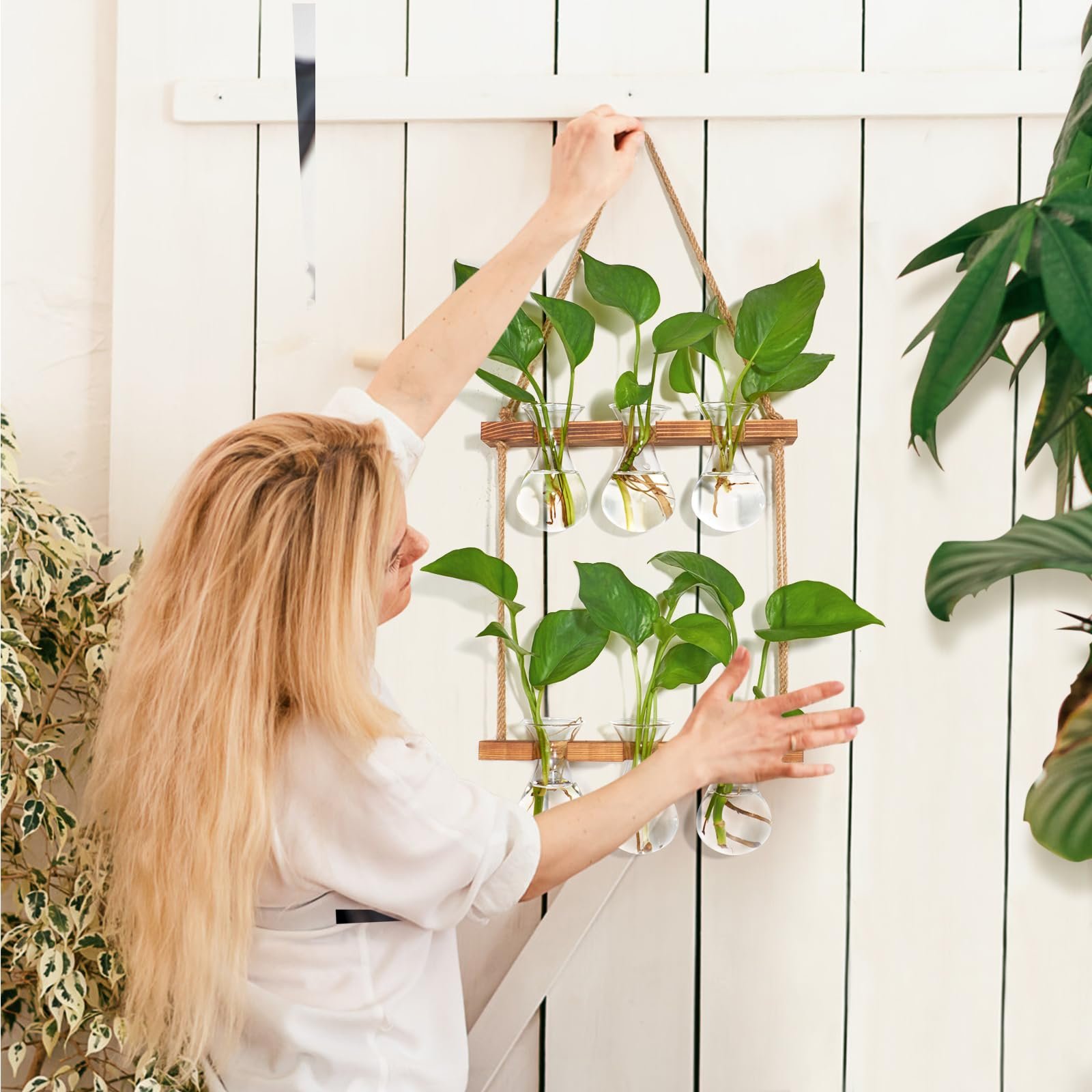 Настінна станція для розмноження рослин XXXFLOWER Wall Hanging 3 Bulbs 2 Tier Скляна з дерев'яною підставкою, фото №3
